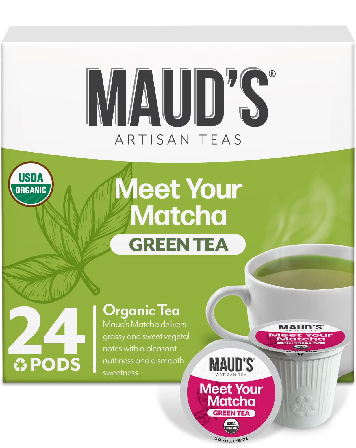 Maud's Organic Matcha Green Tea Pods, 24 ct, Single Serve Tea Pods – 100% Gourmet Blended Tea Leaves, Compatible with Keurig K Cups Maker