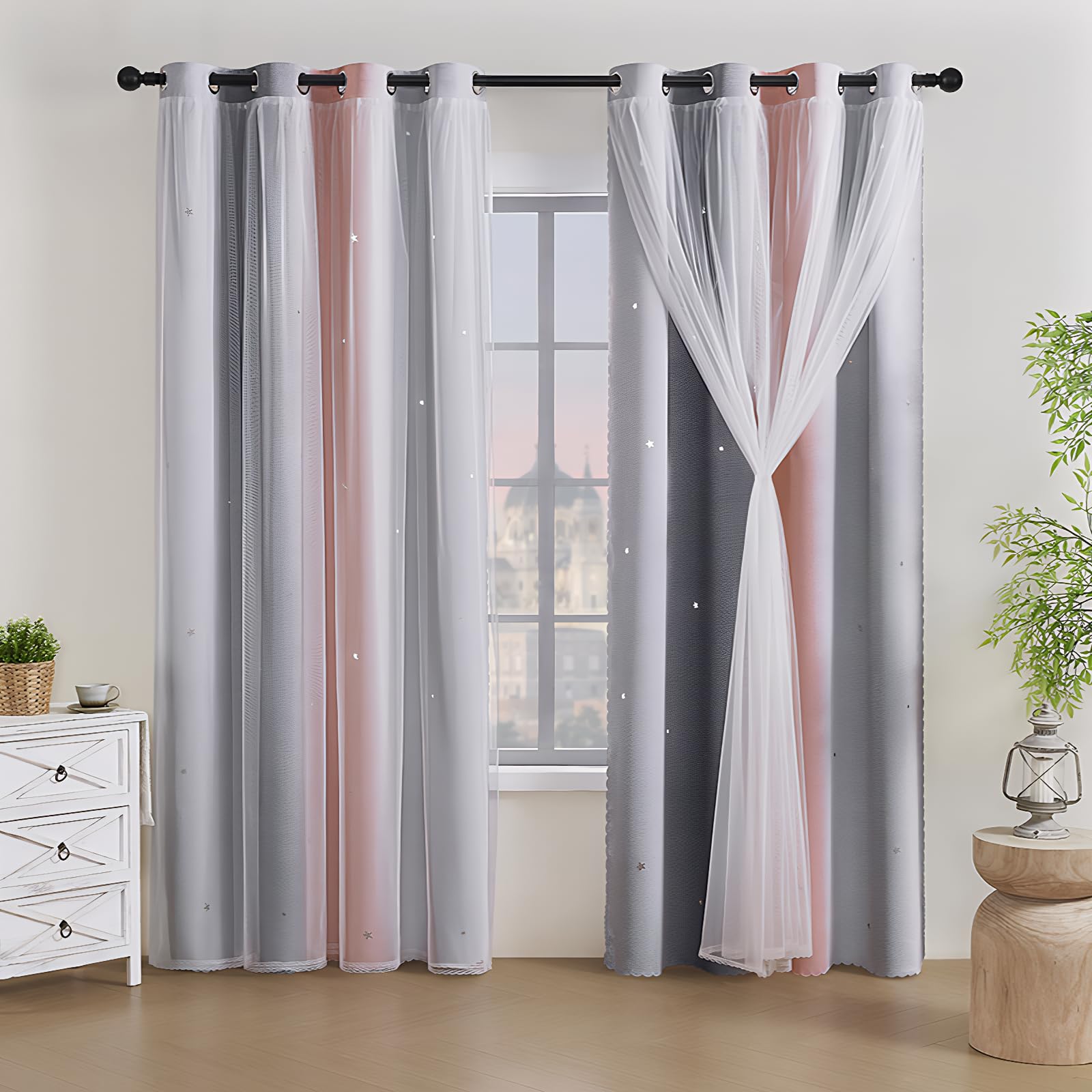 Accmuzzy 2 Panels Blackout Curtains for Bedroom,Double Layer Kids Curtain,Star Window Colorful Rainbow Curtain,Girl children Eyelet Curtains for Bedroom,Living Room,Nursery Room (Grey&Pink