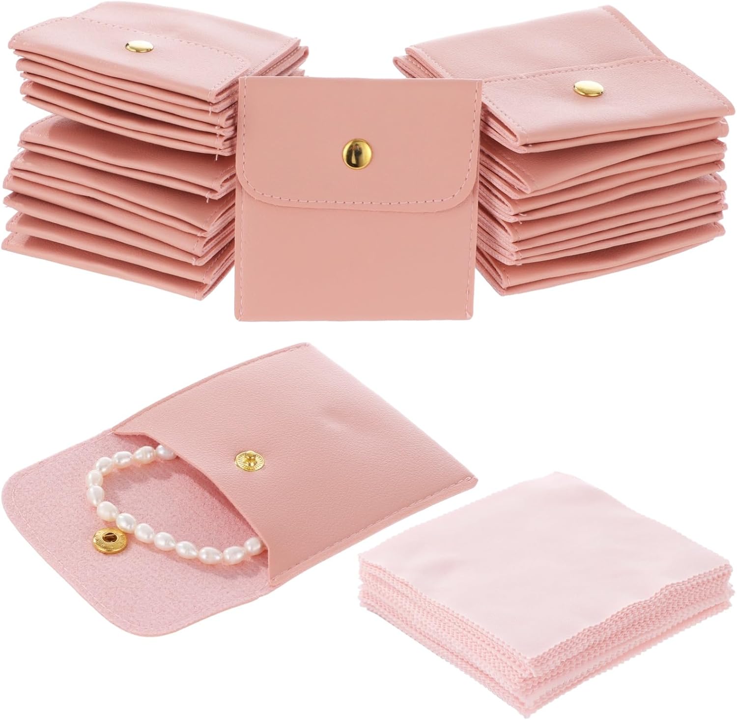 120 Pcs Jewelry Pouches Set, Includes 120 PU Leather Packaging Bags and 120 Cleaning Cloths, Jewelry Organizer Pouches with Snap Buttons, Present Bags for Earrings, Bracelets, Pink
