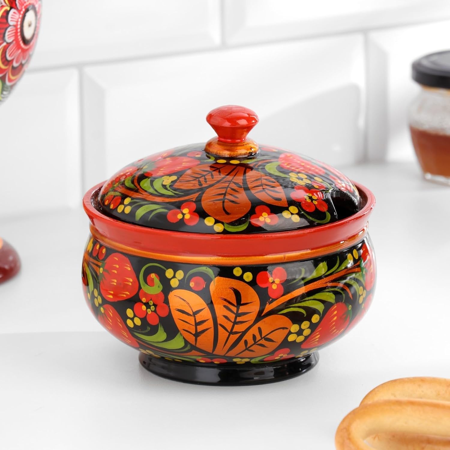 Hand-Painted Traditional Khokhloma Large Wooden Sugar Bowl - Multicolored Russian Folk Craft, 3.9 Inch Height, Elegant Tableware for Tea & Coffee