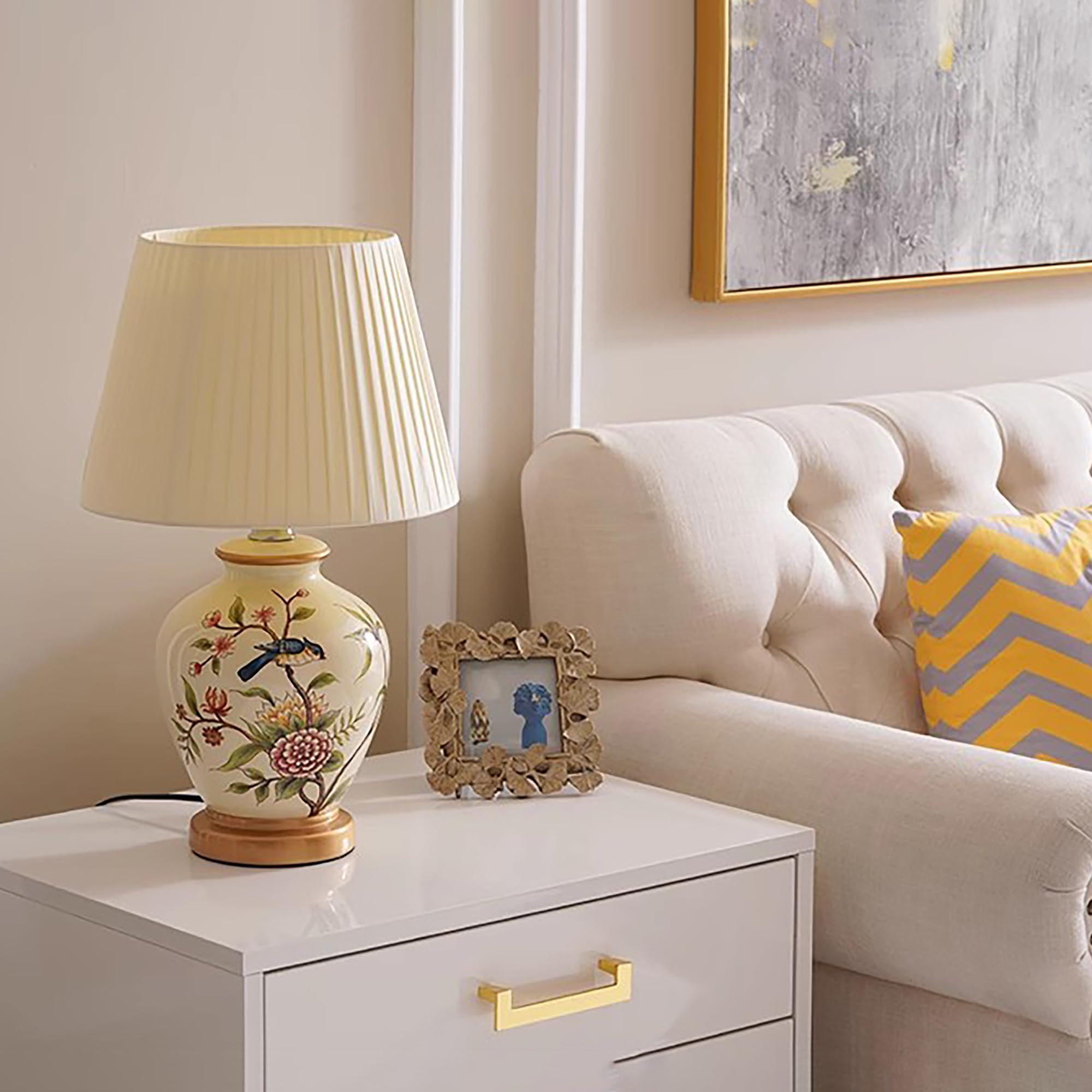 XINYASEE Lampada da tavolo in ceramica dipinta,Lampada da comodino vintage con paralume in tessuto,Testa di lampada E27,Lampada Da Scrivania Per la Casa Per Camera Da Letto, Soggiorno (Bianco)