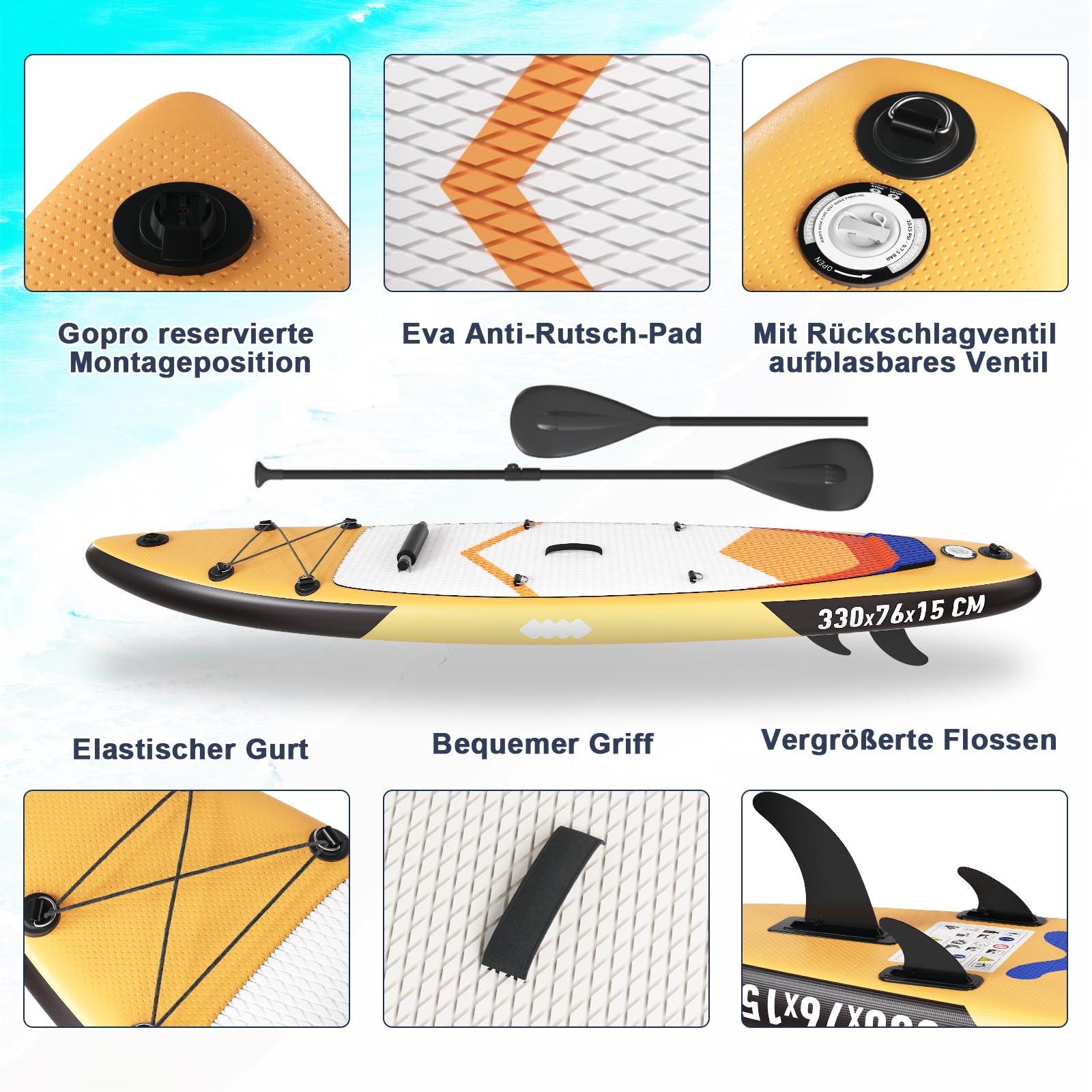 JUMMICO Tavola Sup Gonfiabile, Stand Up Paddling Board, 330 x 76 x 15 cm, Pagaia 2-in-1 con Sella Kayak e Accessori, Portata 160 kg, Ideale per Surf, Pesca e Yoga