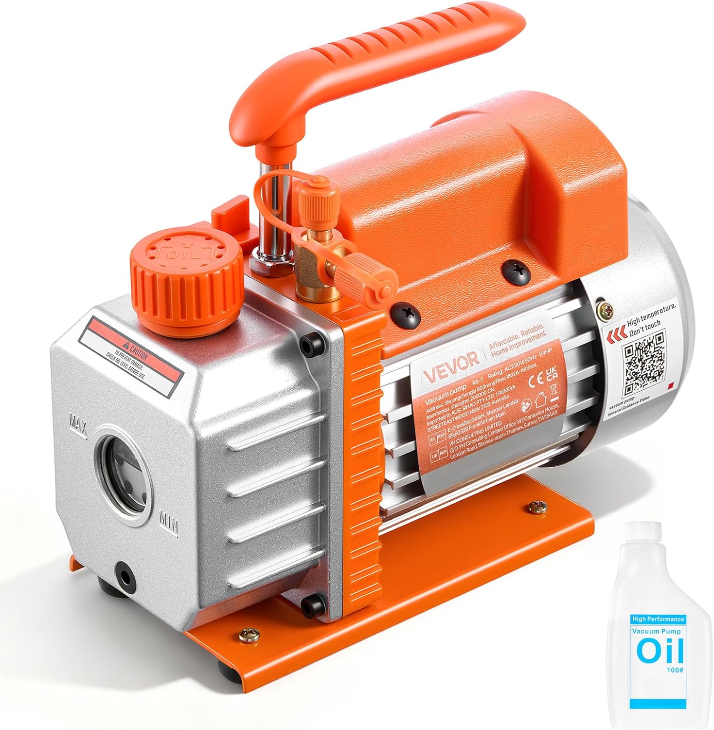 VEVOR Vacuum Pump, 3.5 CFM 1/4 HP, HVAC Single Stage Rotary Vane AC Vacuum Pump, for R134a R22 R410a Systems, 4 Pole Motor, for Automotive Air Conditioner Maintenance Resin Degassing, Oil Included