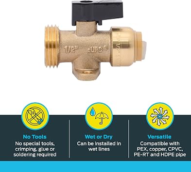 SharkBite 1/2 Inch x 3/4 Inch MHT Washing Machine Straight Valve, Push to Connect Brass Plumbing Fitting, PEX Pipe, Copper, CPVC, PE-RT, HDPE, 25559LF