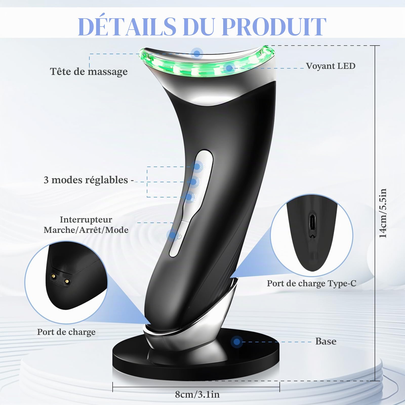 Anluomania Appareil Massage Visage Anti Rides, Appareil de Beauté, Appareil Massage Visage 3 Modes, avec Lifting EMS Massage, Thermique à 45℃, Pour Raffermissement du Visage et du Cou