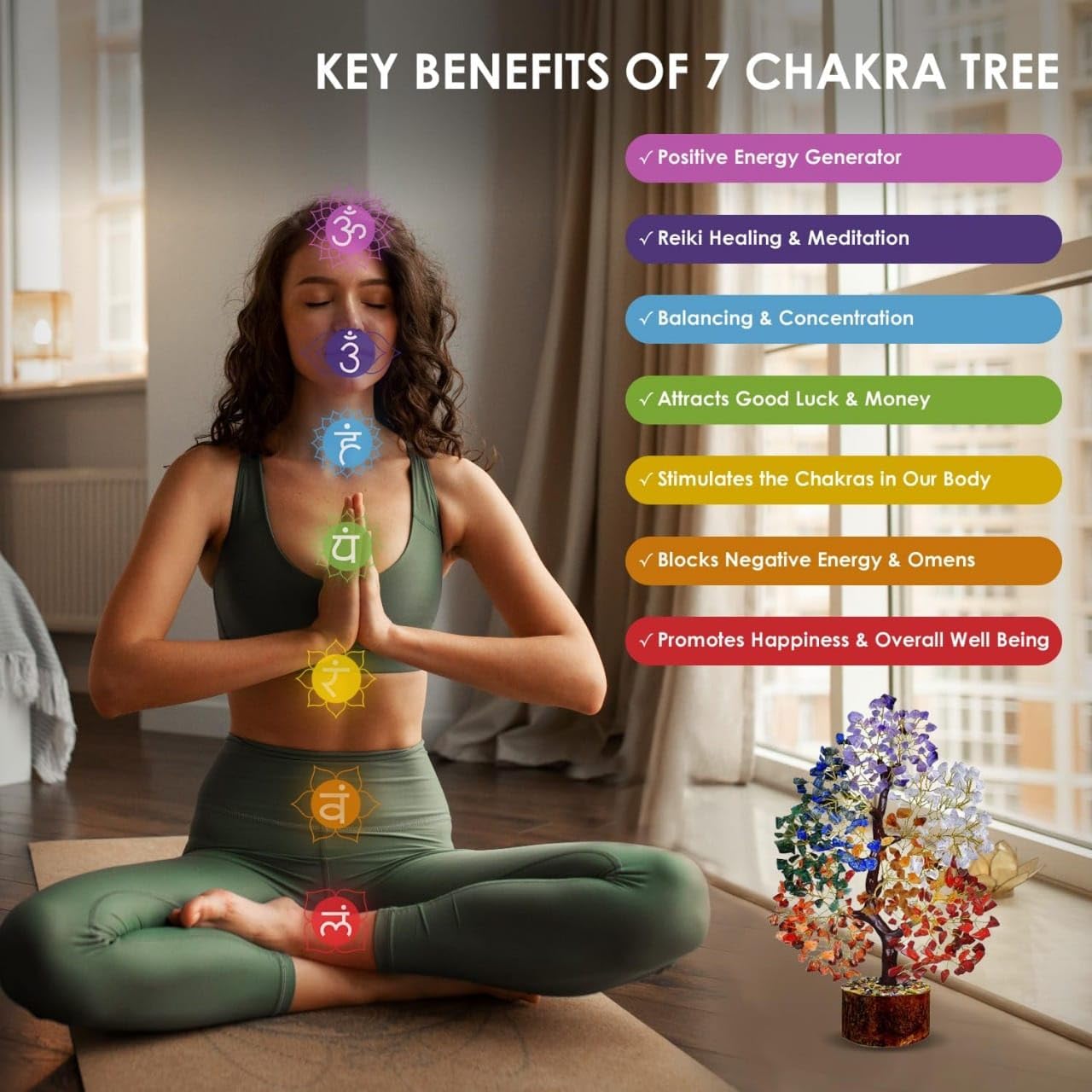 Seven Chakra Crystal Tree | 7 Colorful Crystals Tree for Living Room Bedroom Dining Room Office Home Décor Showpiece Bonsai Money Tree Gift Natural Gemstone Reiki Healing Positive Energy (500 Beads)