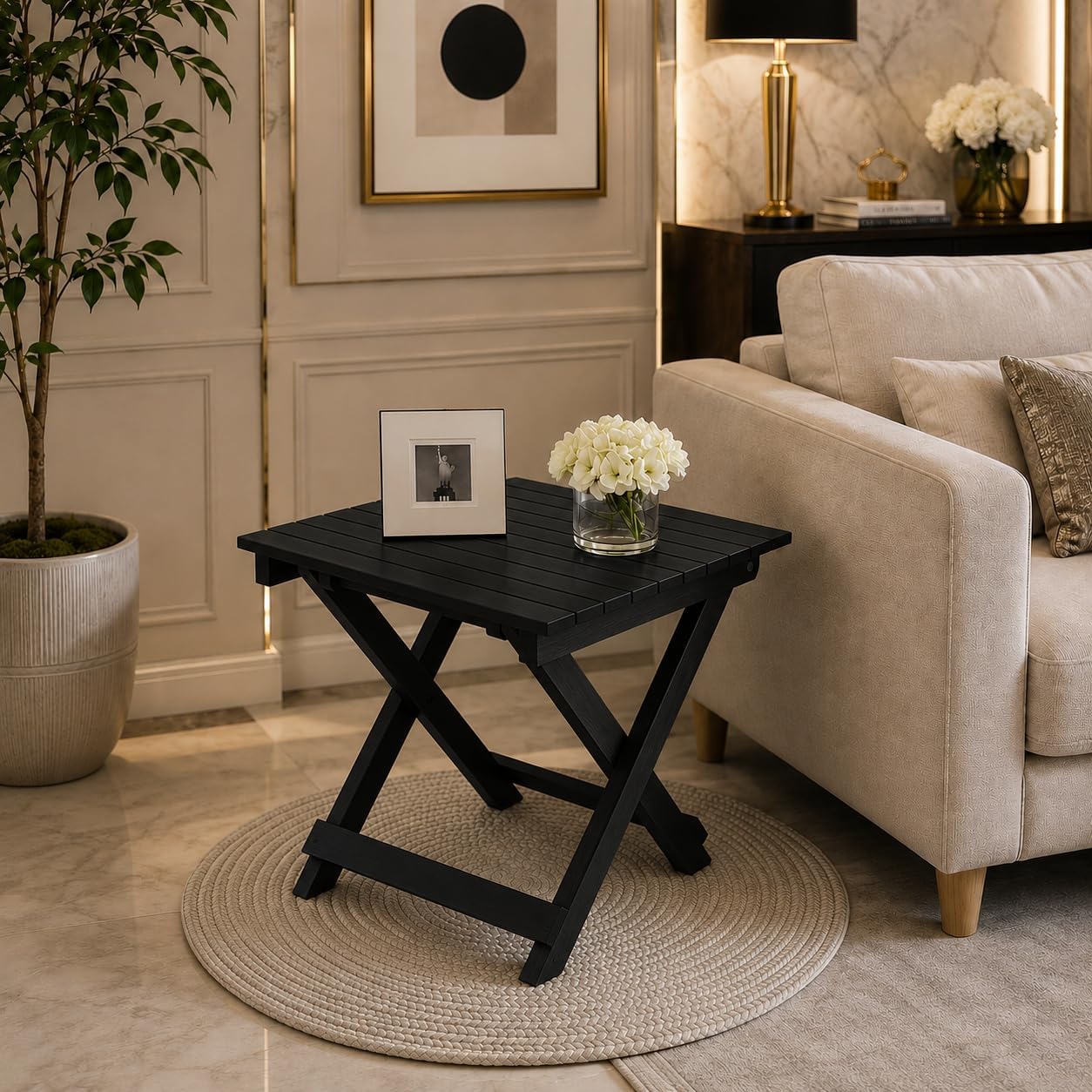 Mango Wood Foldable Coffee Table - Light Brown - Perfect Center Table for Living Room -Multipurpose Side Table for Living Room, Bed, Balcony & Office(15 INCHES) (Black)-image-13