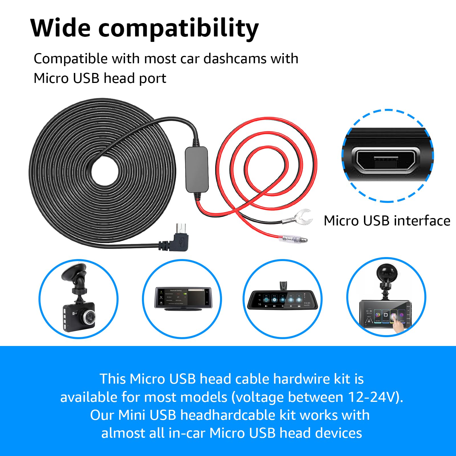 Kit de cable duro micro USB para cámara de salpicadero con cargador de cámara de salpicadero de coche de 12 V-24 V a 5 V, cable de alimentación de 4 cables de grifo, 24 horas de protección de