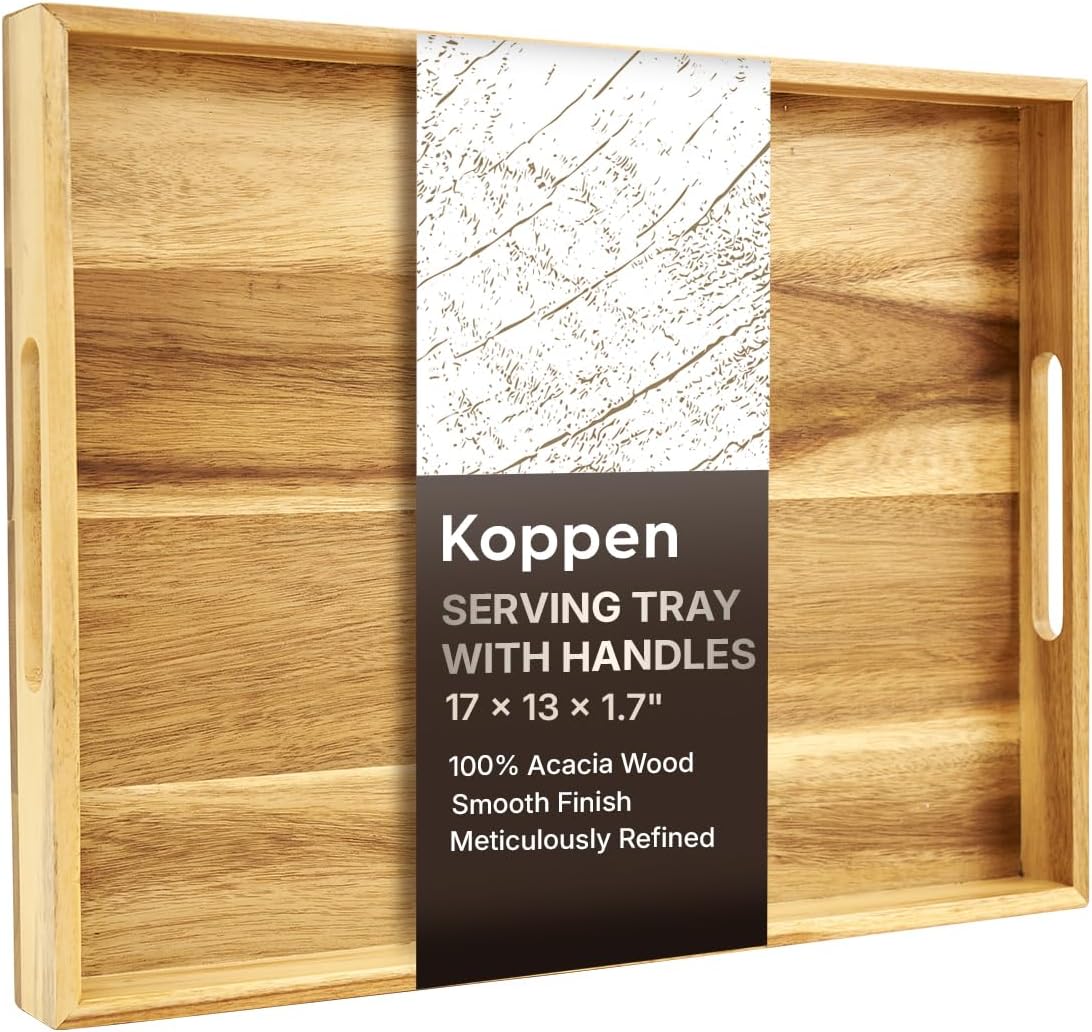 Koppen Acacia Wood Serving Tray with Handles, 17" x 13", Large Wooden Platter for Breakfast, Ottoman Tray for Party, Snacks, Fruit, Coffee Table, Living Room, Sofa, Bed, Outdoor, Natural Color