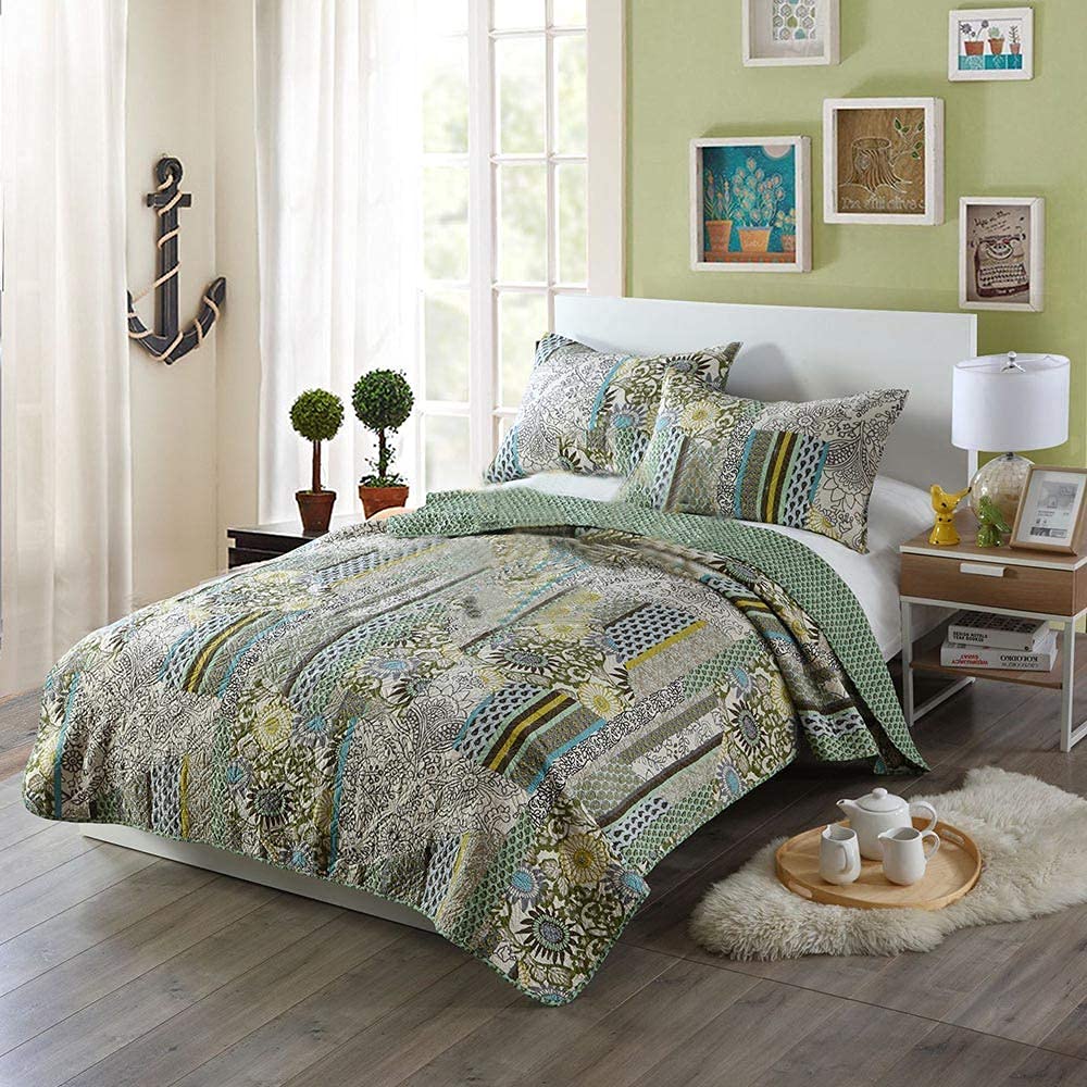 Parure de lit 2 pièces en coton vert armée avec couvre-lit matelassé bohème 1,5m