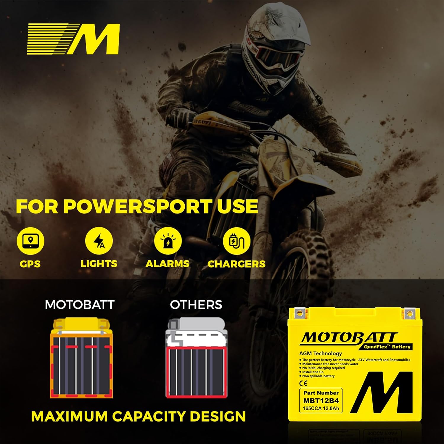 MotoBatt MBT12B4 battery for powersport use, showing maximum capacity design
