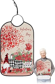 BOBOWUNY Valentine Truck Adult Bibs for Elder Women Men Eating, Gnomes Red Love Heart Tree Roses Waterproof & Washable Bibs for Eating Clothing Protector Dining Bibs for Crumb Catcher