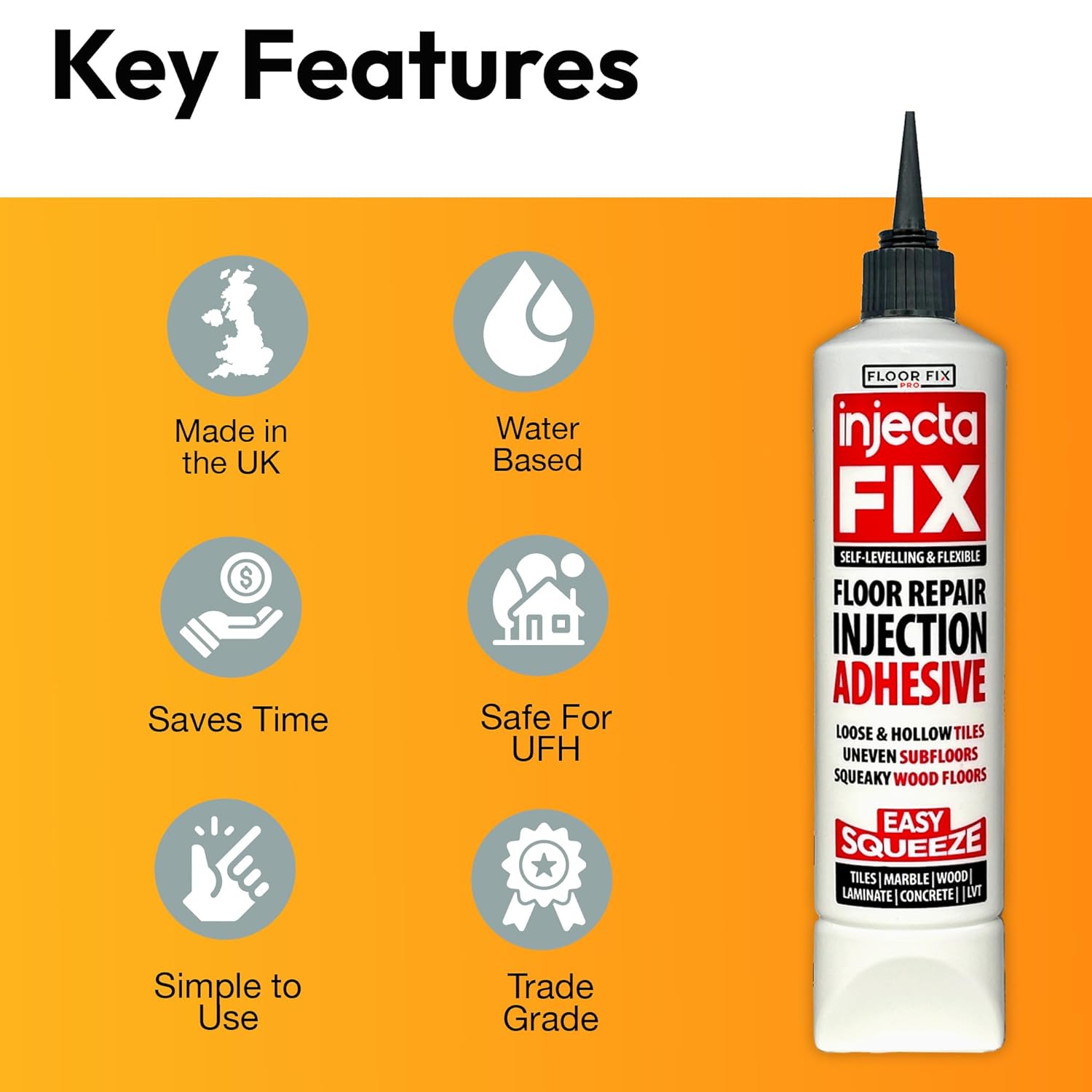 Floor-Fix Pro Eeasy Squeeze 10.1 Fl Oz - Extra Strength - Fix Loose & Hollow Tiles, Squeaky Wood & Laminate - Includes Built in 5/64” Syringe Tip - Adjustable to 5/64. No Sealant Gun Required (3)