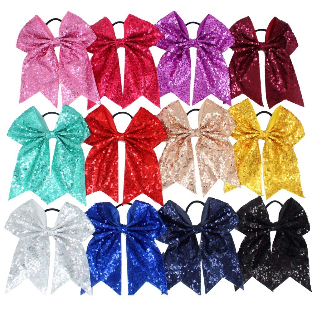12Pcs 7.5" Bling Sparkly Glitter Sequins Pigtail Bows for Baby Girls Large Cheer Hair Bows Ponytail Holder Elastic Hair Ties