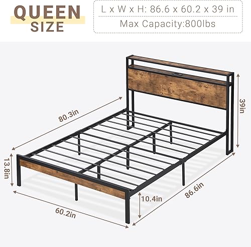 Miniatura 2 de Zevemomo Base de cama Queen con estación de carga, base de cama de plataforma tamaño Queen con cabecera de estante de almacenamiento, marco de cama