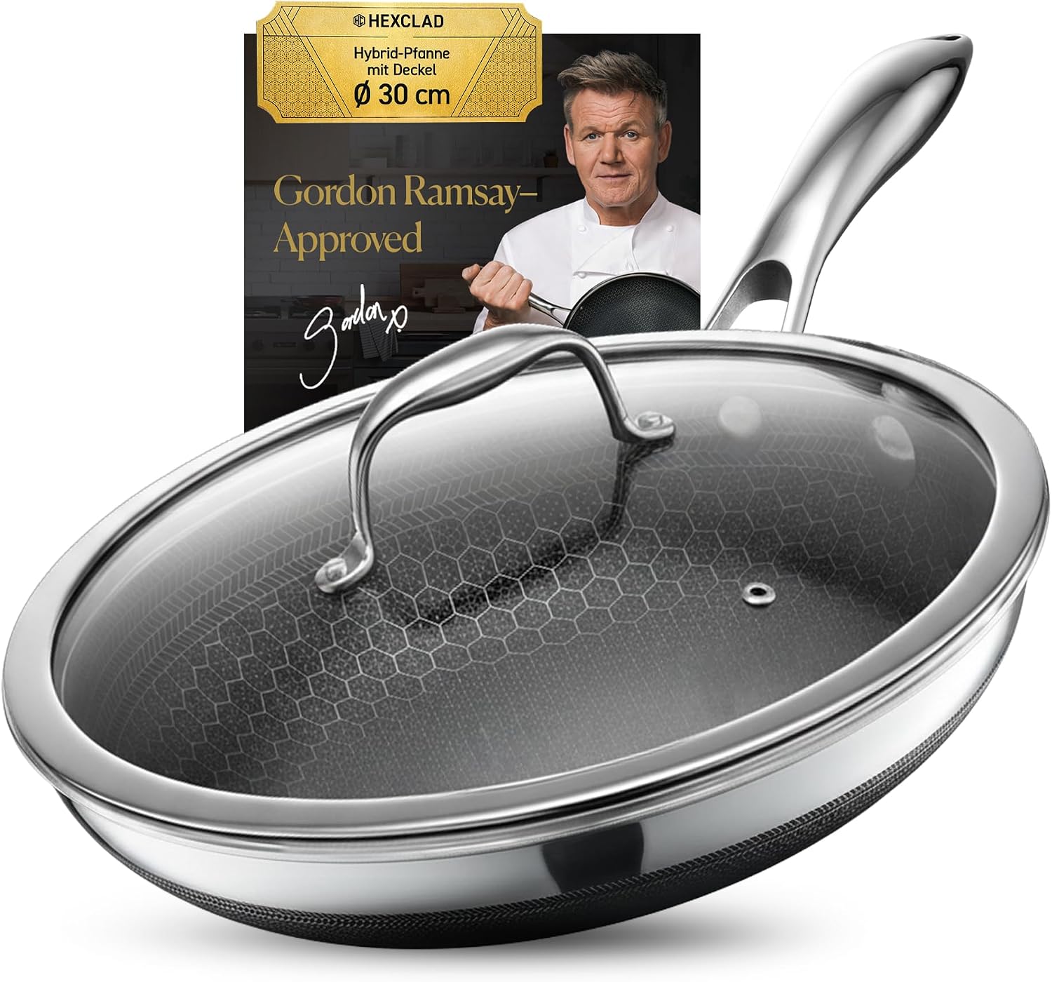 hexclad 12 hybrid stainless steel frying pan with cooking lid cooling handle pfoa free dishwasher and oven safe non-stick works with induction gas ceramic and electric hob