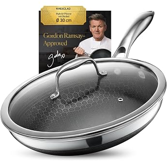 hexclad 12 hybrid stainless steel frying pan with cooking lid cooling handle pfoa free dishwasher and oven safe non-stick works with induction gas ceramic and electric hob