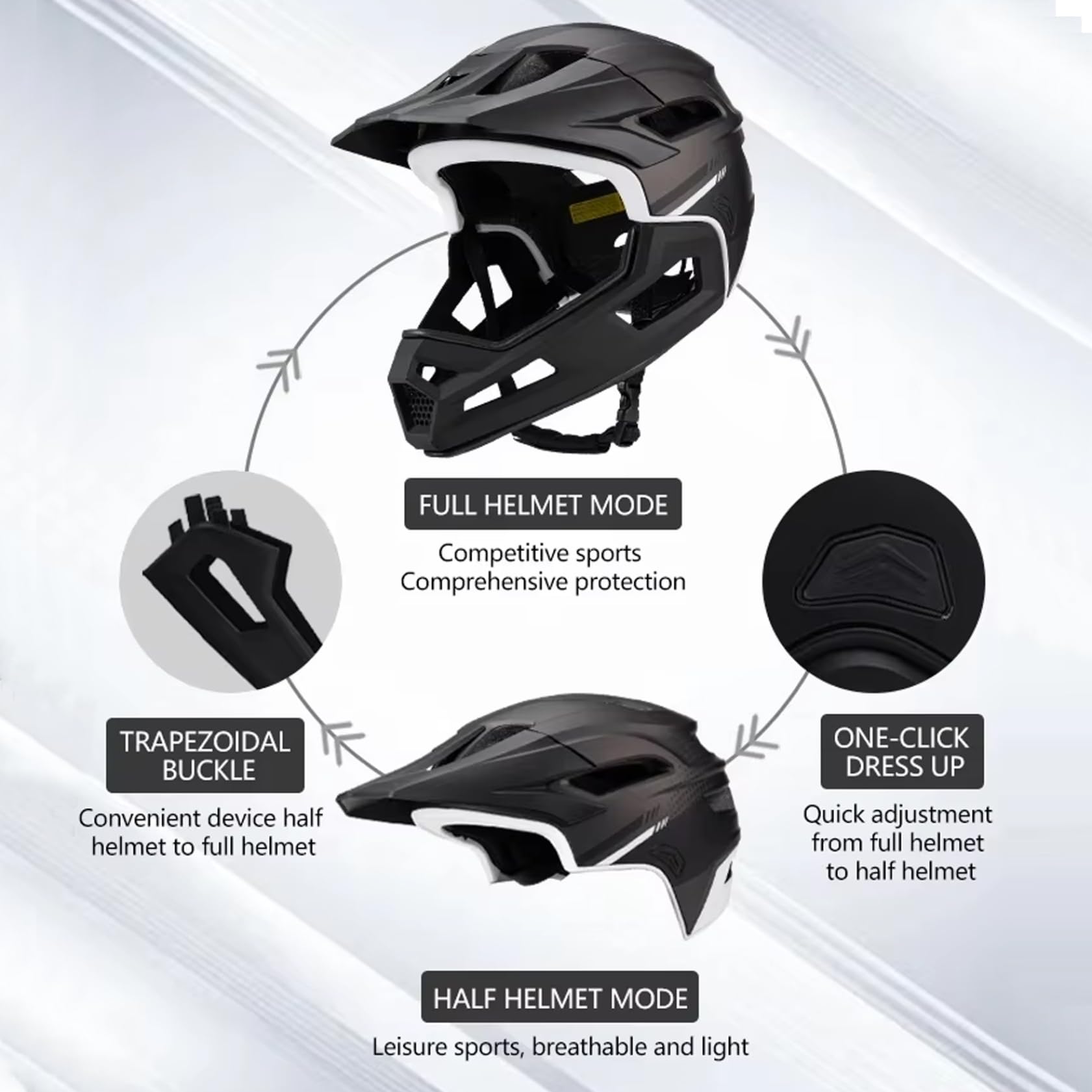 Casco integrale da mountain bike antiurto per adulto – Visiera removibile con mentoniera Casco da bici nero regolabile unisex per ciclismo all'aperto