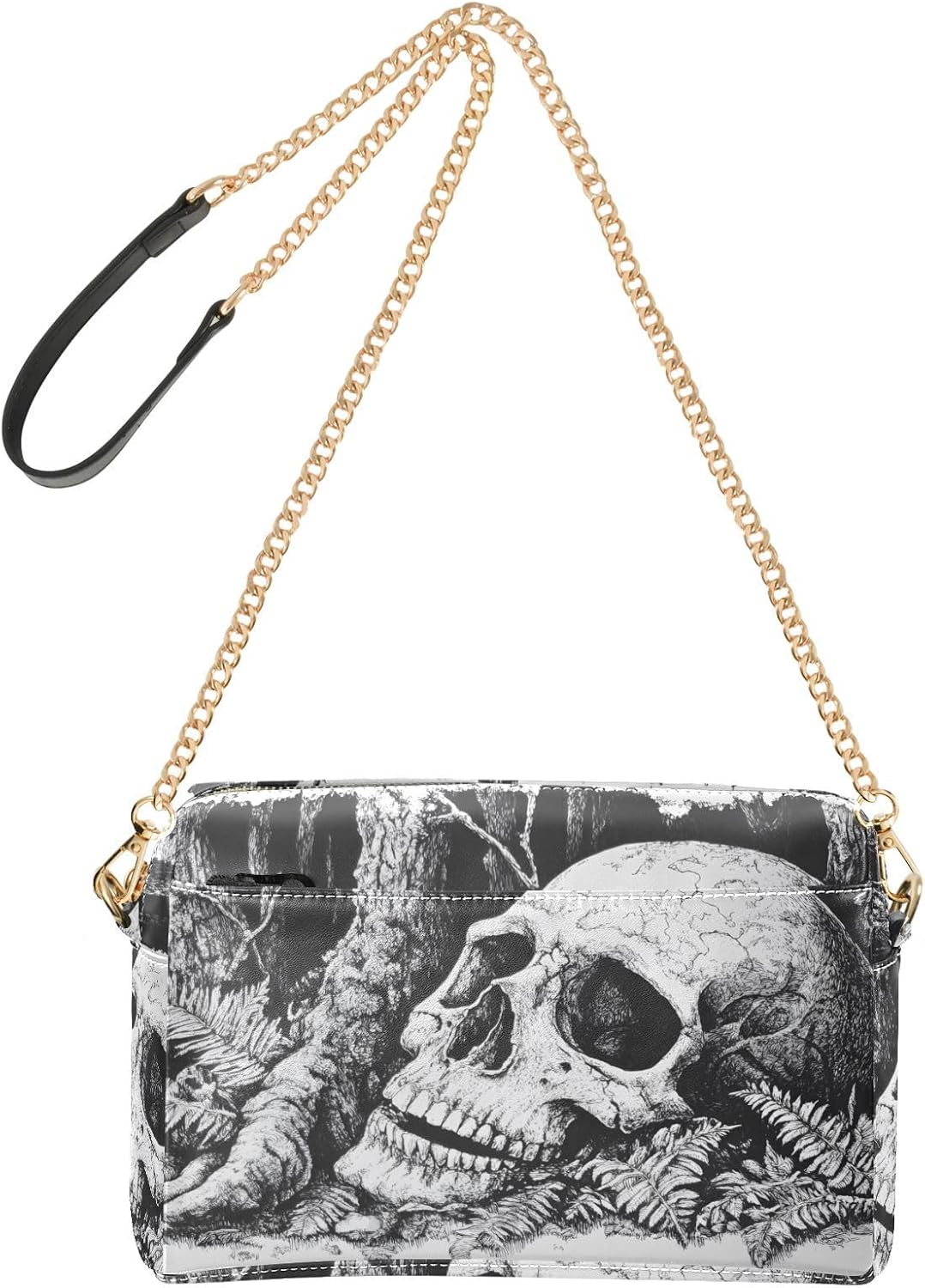 Women Crossbody Bag Shoulder Handbag Cellphone Purse Big Skull Forest Print, PU Leather Metal Chain Strap Water Resistant Zipper Closure