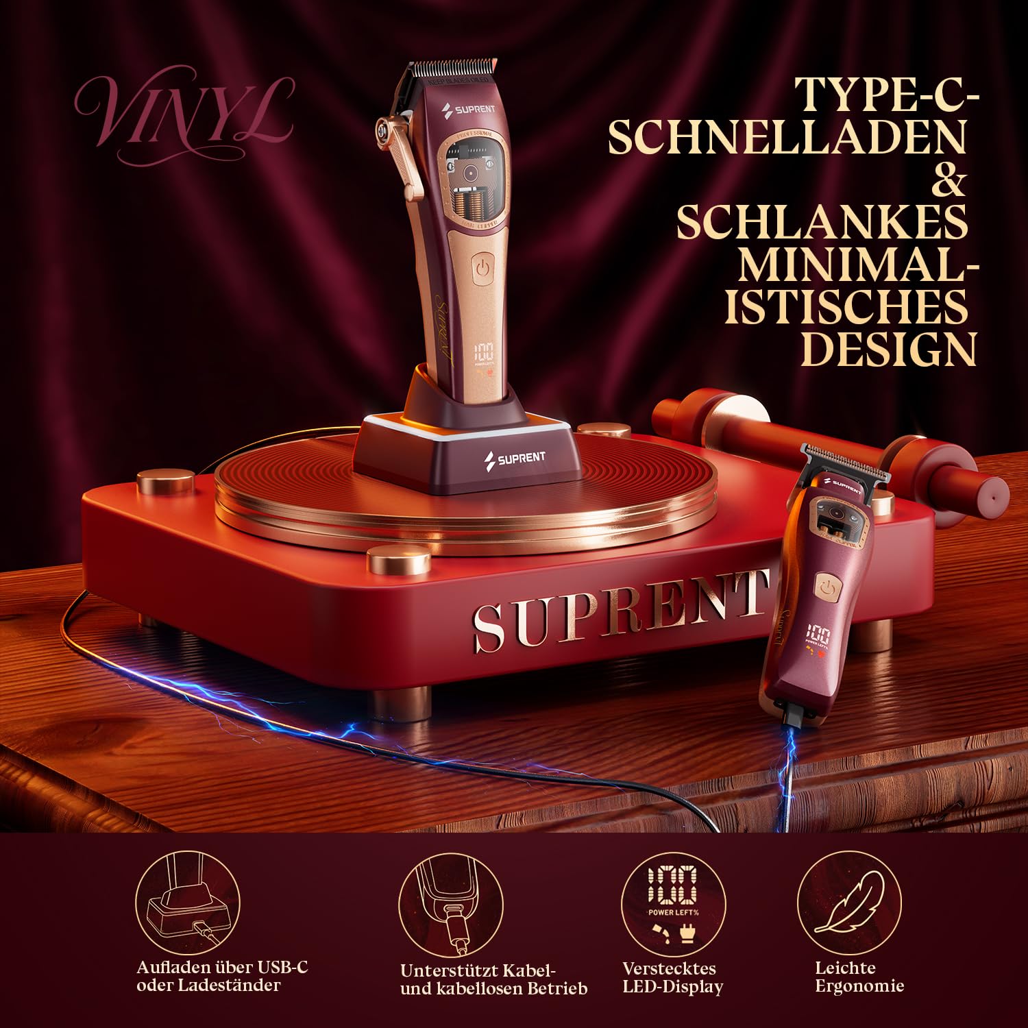 SUPRENT Profi Haarschneidemaschine, 8500-11000 U/min Dual-Coil-Vektormotor | Kabelloser Haarschneider Herren, Zero-Gap T-Blade Trimmer, Haarschneideset mit Ladestation