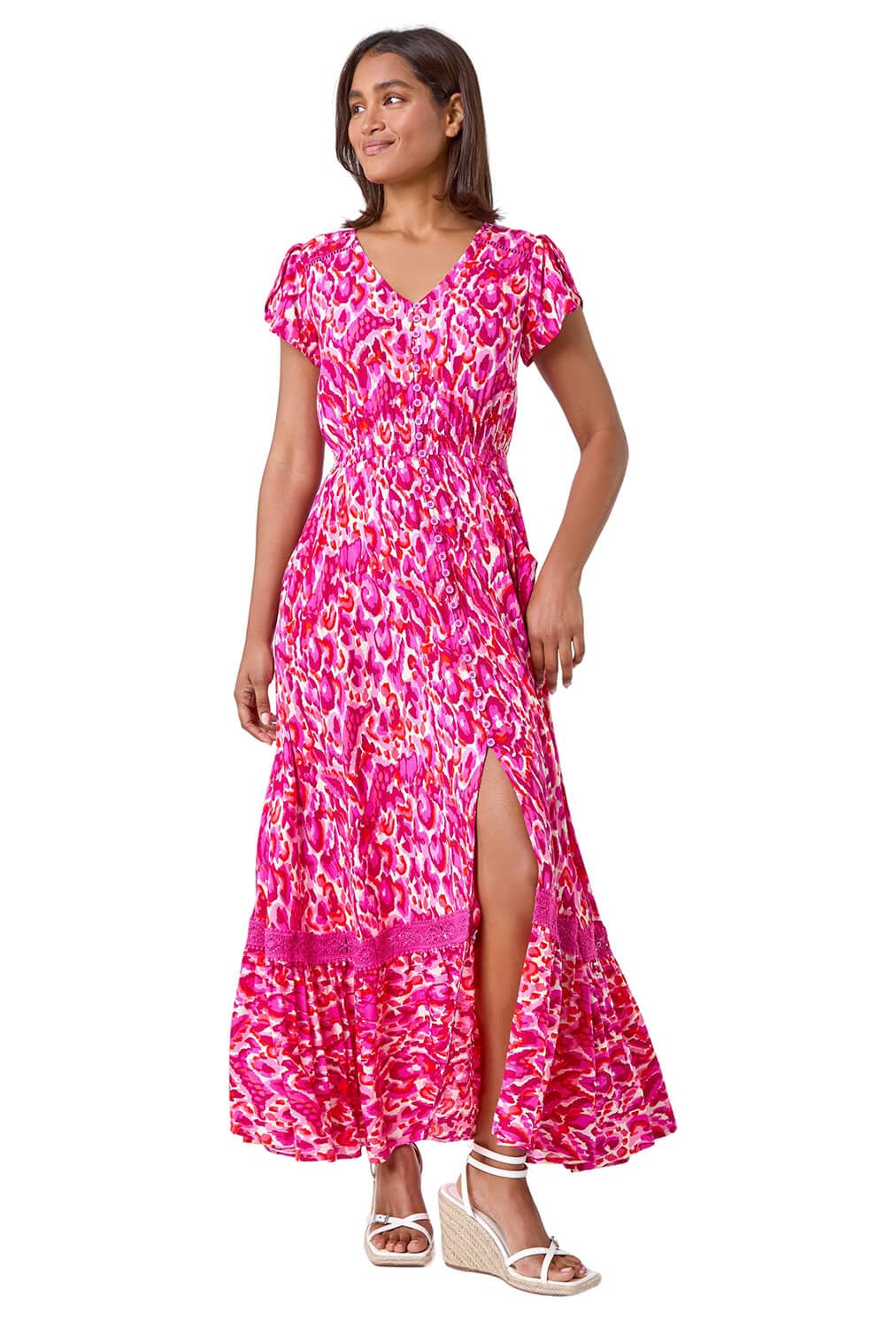 Roman Women's Pink Abstract Print Shirred Waist Maxi Dress Size 10