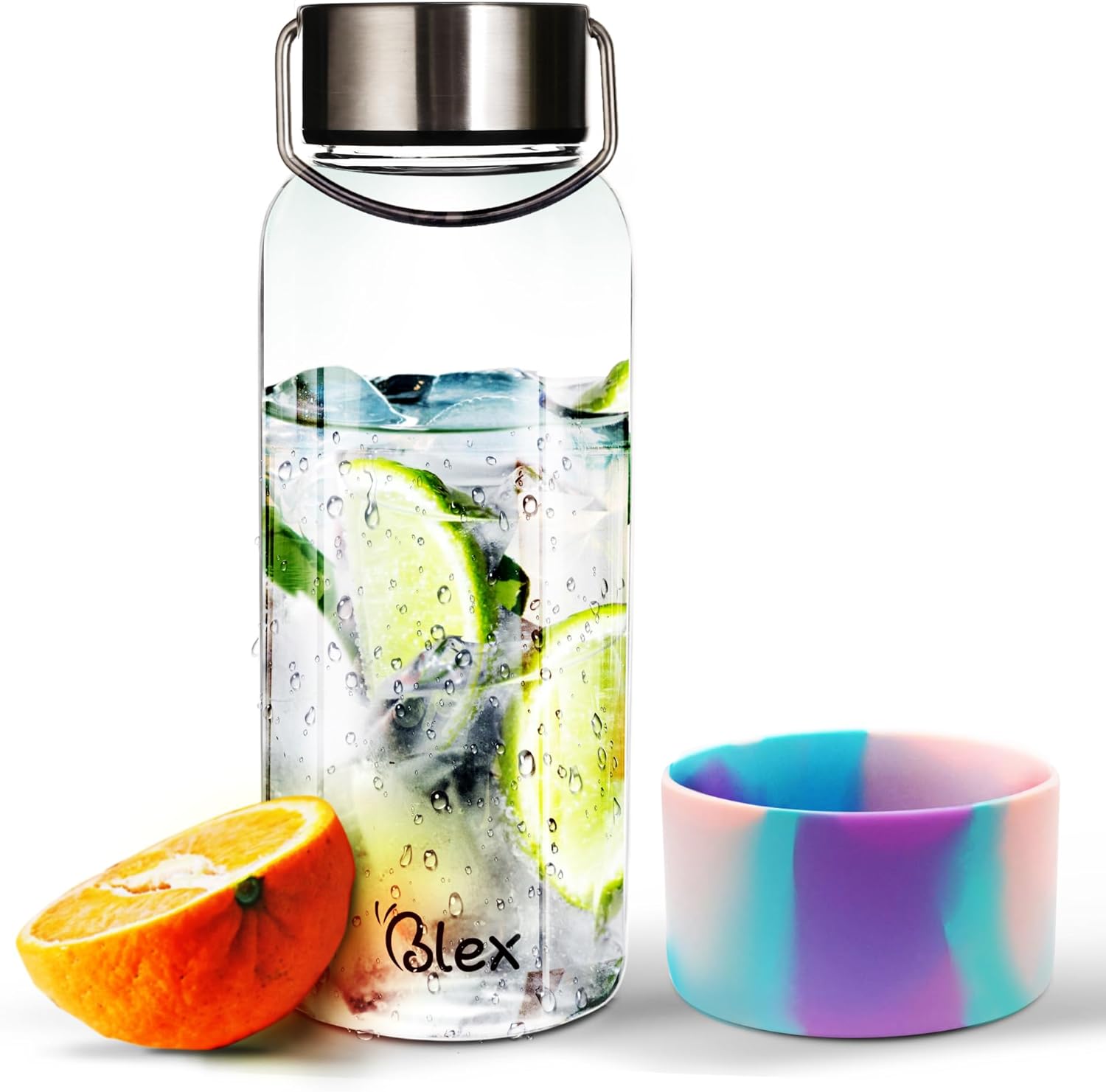 Blex 34 Oz Borosilicate Glass Water Bottle | Glass Bottle with Leak-Proof Steel Lid, Non-Slip Sleeve, Handle | BPA-Free, Non-Toxic, Thermal Stable, Perfect for Home, Gym, or Travel