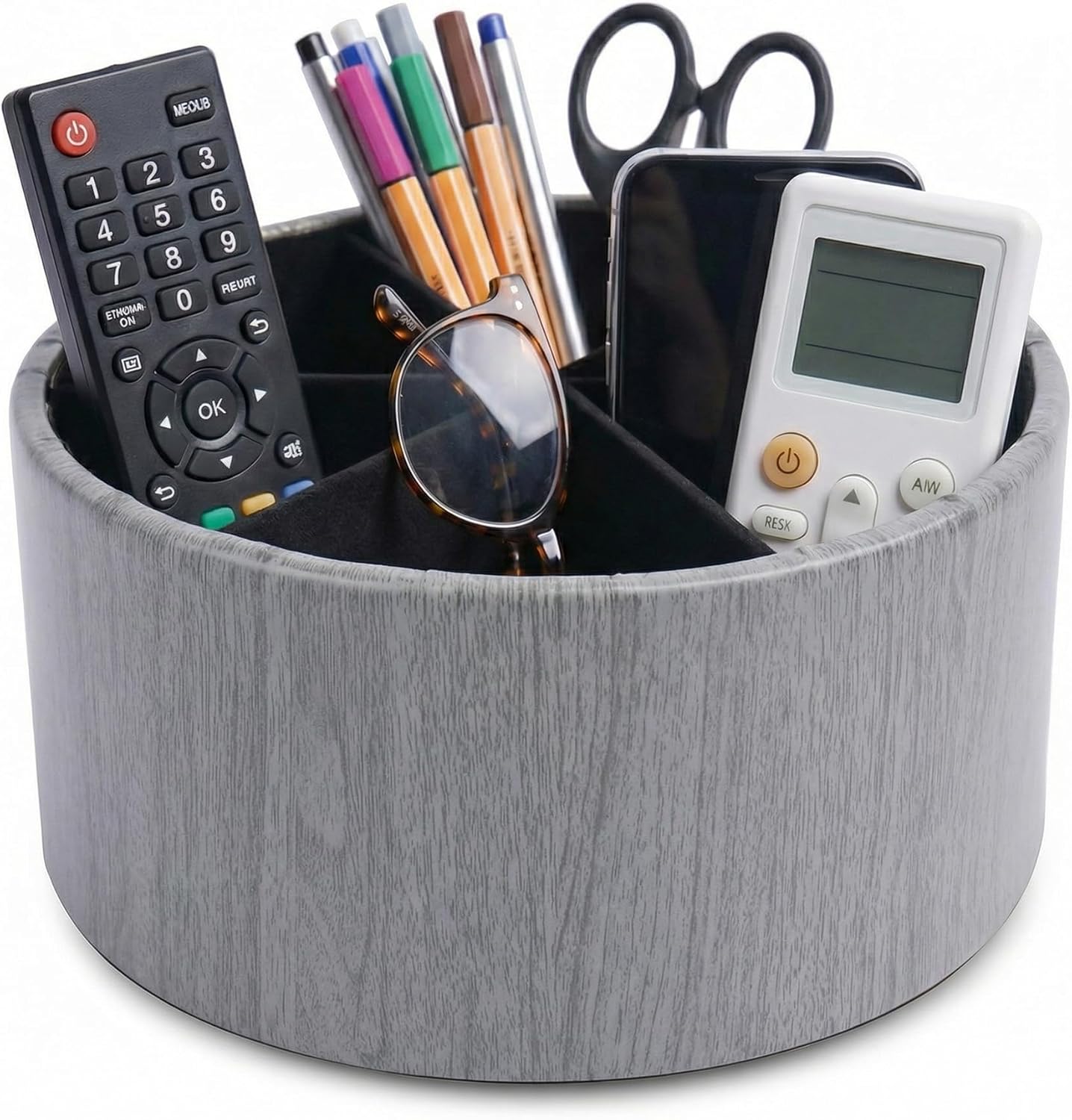 Remote Control Holder, 360°Spinning PU Leather Desk TV Remote Caddy,Desk Storage Box Room Accessories for Controller, Media,Mail,Calculator, Mobile Phone,Pencil(1-Big Thin Grey)