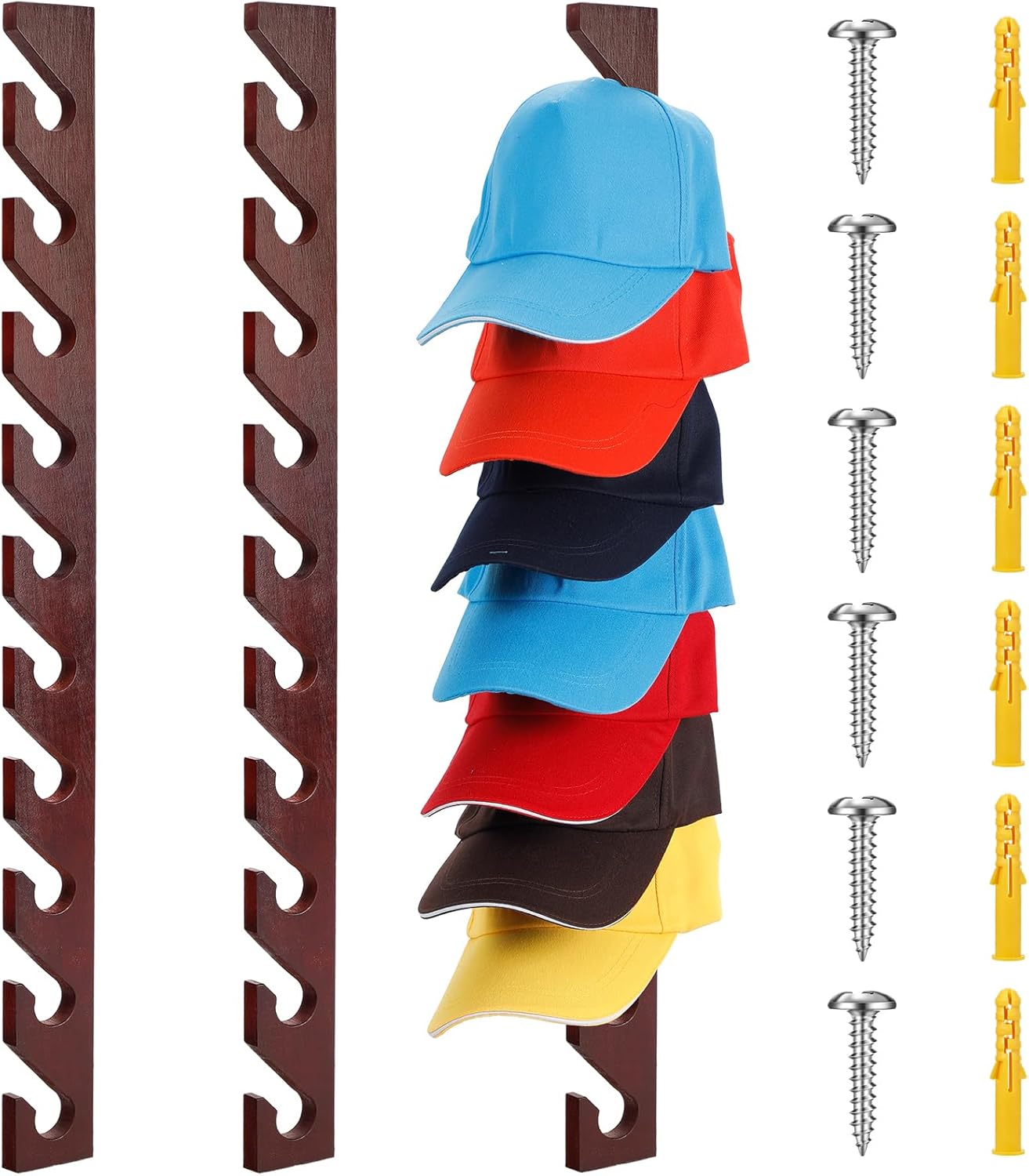BBTO 3 Pack Wooden Hat Rack for Baseball Cap Wall Mount Hat Racks Vertical Baseball Cap Display Holder with 10 Hooks Organizer Wood Hanger for Door Entry Room Bedroom Reddish Brown