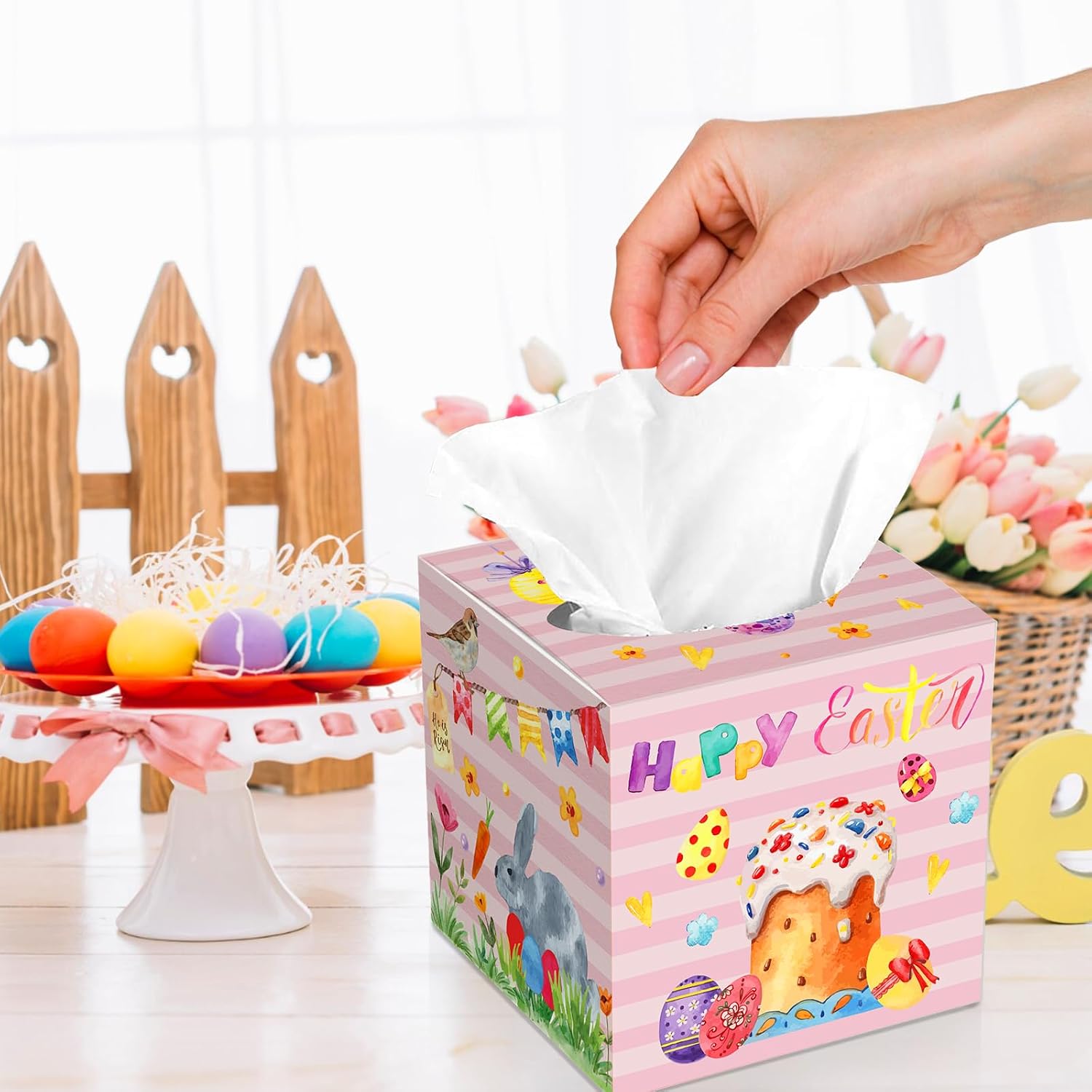 12 Pcs Easter Facial Tissues Cube Boxes - DIY Square Tissue Box Covers with 50 Sheets 3 Ply Napkins, Eggs, Bunny, and Floral Patterns, Perfect for Easter Party Decorations, Baby Shower Supplies