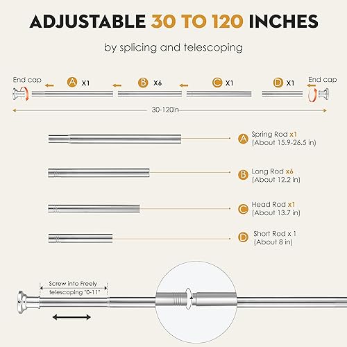 Miniatura 4 de Barra de cortina larga de tensión de plata para ducha Barras de cortina de tensión de 30 a 120 pulgadas Barras ajustables de acero inoxidable