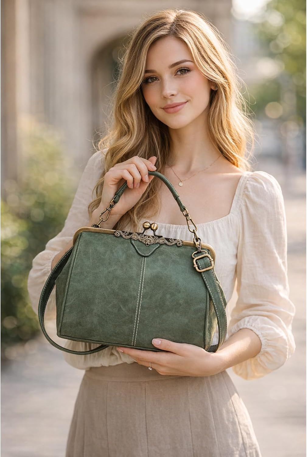 Handbag for Women Leather Shoulder Bag Kiss Lock Top Handle Satchel Purse Vintage Crossbody Bag Evening Clutch Purses