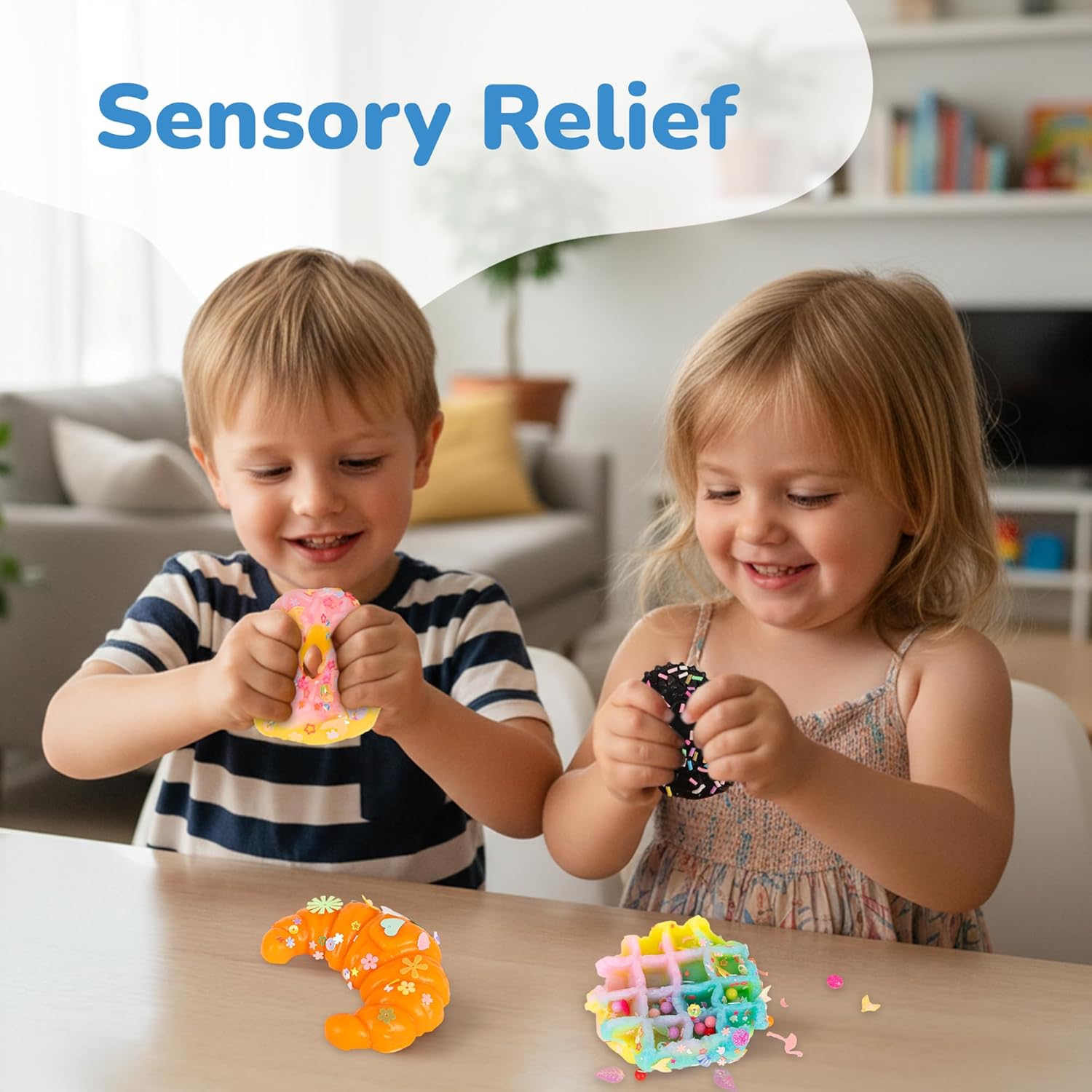 ArtCreativity Squishy Treats Fidget Toys for Kids and Adults - 4 Pack - Super Soft Squishy Dessert Include Sandwich Cookie, Donut, Croissant, and Waffle - Squeeze Toys for Stress Relief and Anxiety