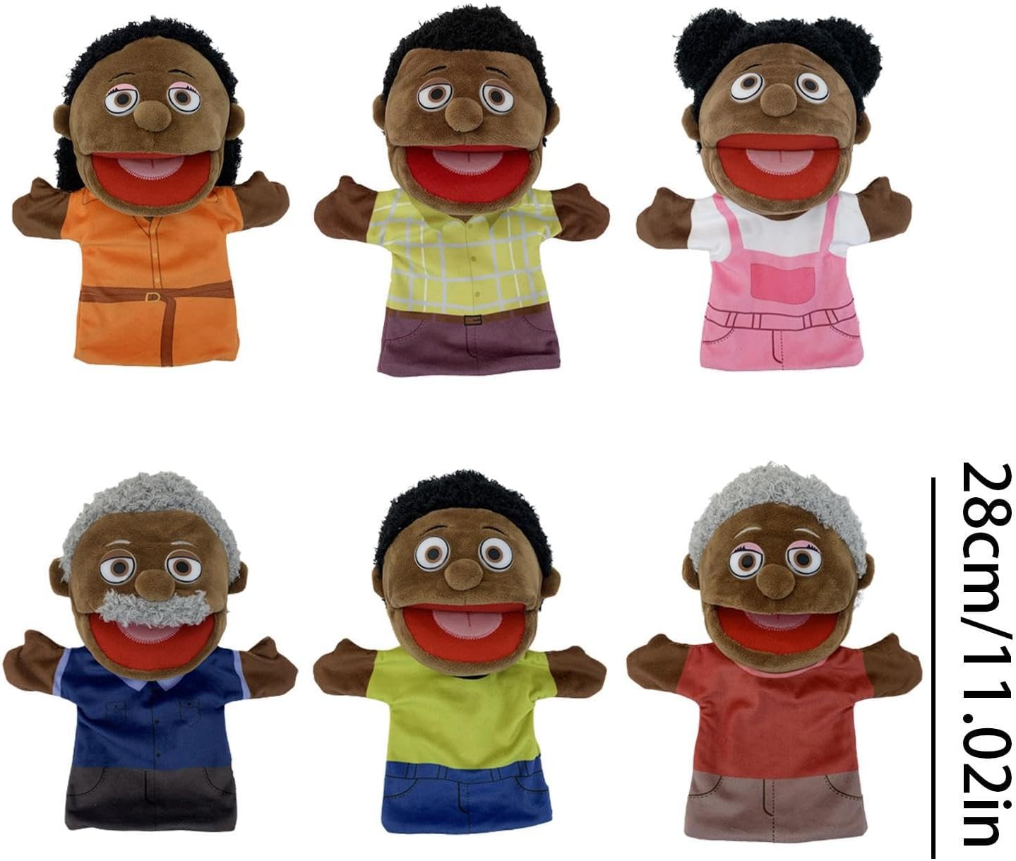 子供向けのファミリーパペット | ブラックシアターハンドパペット6個,28cm ショーブラック多文化人形、子供用、家族向け、可動口、