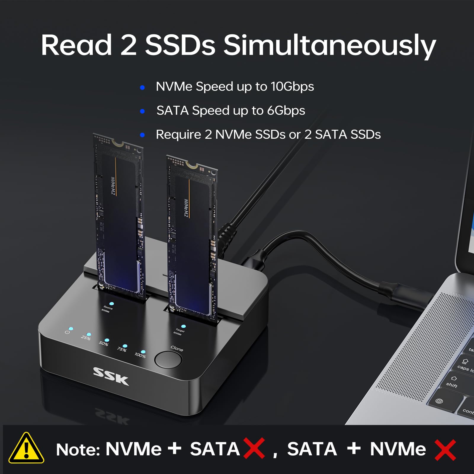 SSK M.2 NVMe SATA SSD Cloner Estación de Acoplamiento, 10 Gbps USB 3.2 Gen 2 Carcasa Duplicadora de Clonación de SSD PCIe con Clave M/Clave B+M con Clonación Sin Conexión