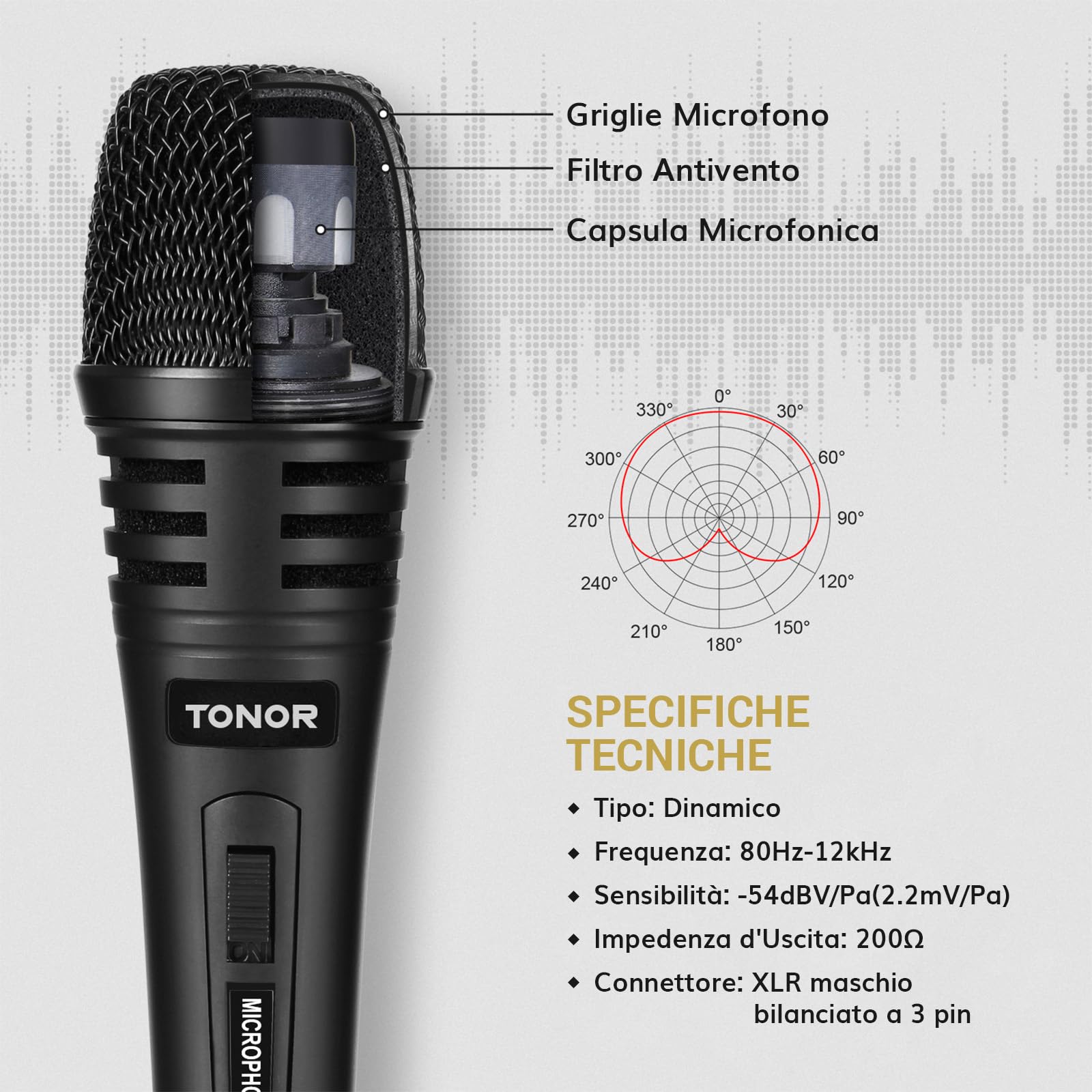 TONOR Microfono Karaoke XLR con Supporto Robusto, Microfono Dinamico per Canto, Pickup Cardioide, Struttura Interamente in Metallo, Compatibilità con Mixer DJ, PA, 500 cm, K1+
