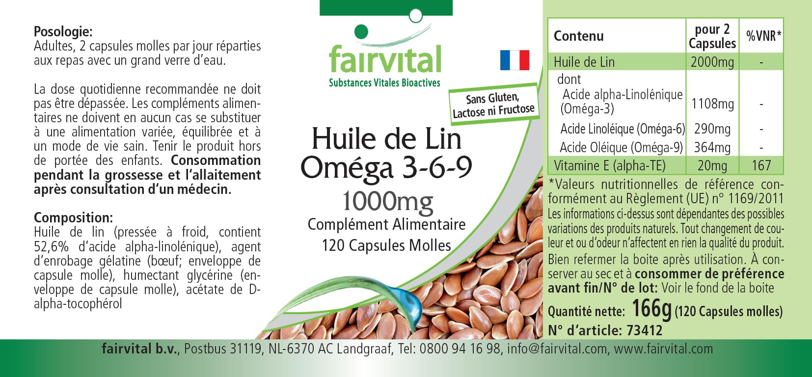 fairvital Oméga-3-6-9, gélules, HAUTEMENT DOSÉES avec 2000mg d'huile de lin (Flaxseed Oil) par dose journalière, acide linoléique et alpha-linolénique naturels, pressés à froid, 120 gélules molles