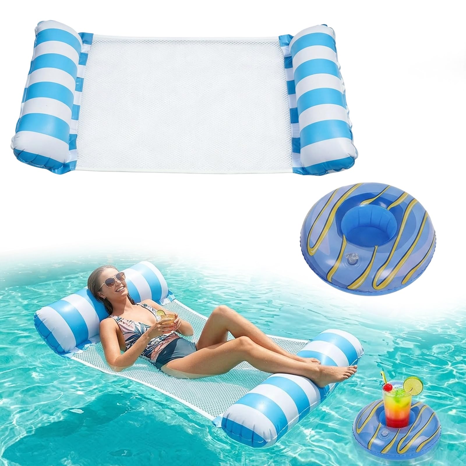 2-Pack Inflatable Hammock, Inflatable Pool Chair with Drinks Holder, Pool Hammock Floats for Adults, Water Hammock for Relaxation, Pool Chair Float for Outdoor Use