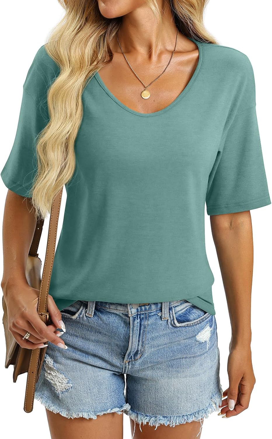 Women's V Neck Tops Elbow Length Shirts Loose Fit Summer Tops Basic Tees - Image 2
