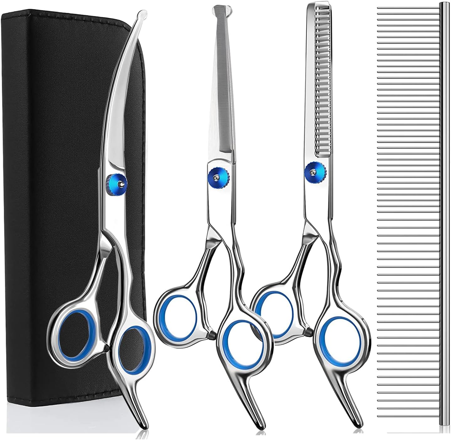 3 Pack Dog Grooming Scissors with Safety Round Tip, Perfect Stainless Steel Up-Curved Grooming Scissors Thinning Cutting Shears with Pet Grooming Comb for Dogs and Cats