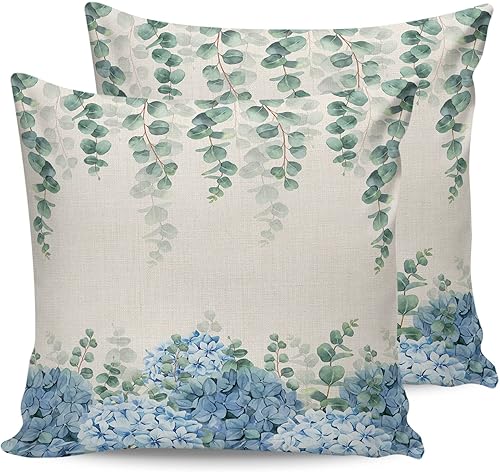 Miniatura 7 de Fundas de almohada impermeables para exteriores, 18 x 18 pulgadas, diseño de flores de hortensia, hojas de eucalipto, fundas de almohada decorativas