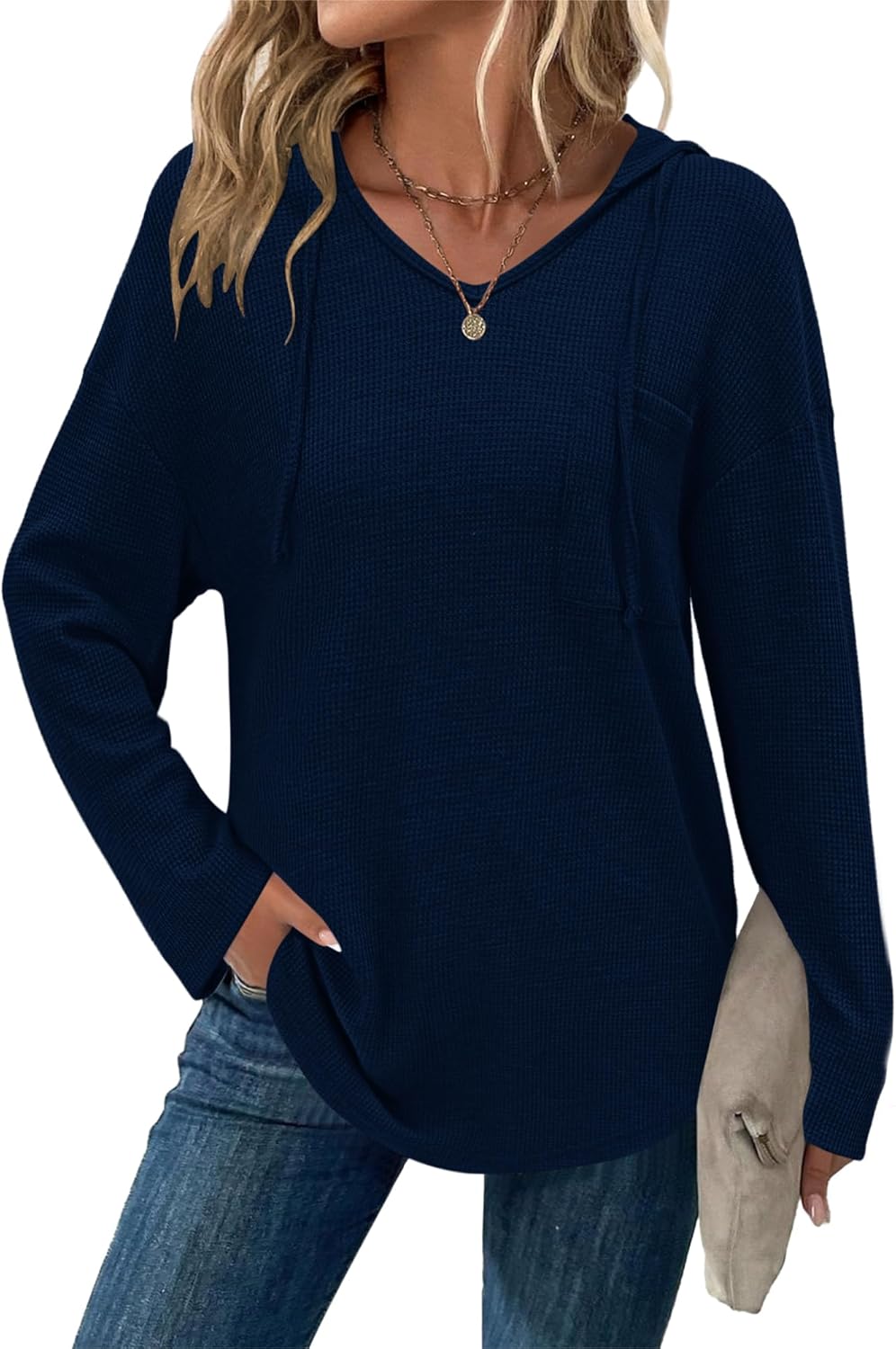 WNEEDU Hoodies for Women Waffle Knit Tunic Tops - Long Sleeve V Neck Casual Pullover Drawstring Hooded Sweatshirt