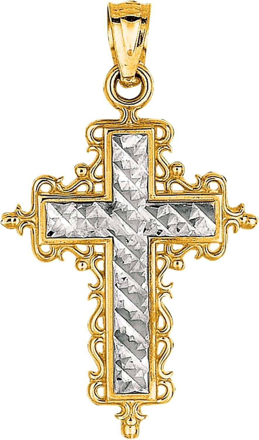Jewelry Affairs 14k 2 Tone Gold Diamond Cut Round Filigree Design Cross Pendant