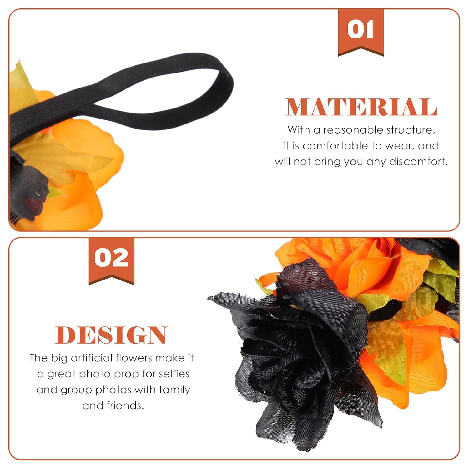 Abaodam Halloween Flower Headband Elastic Hairband for Women, Black and Orange Fake Flower Crown Headpiece, Cosplay Party Hair Accessory for Holiday Celebrations