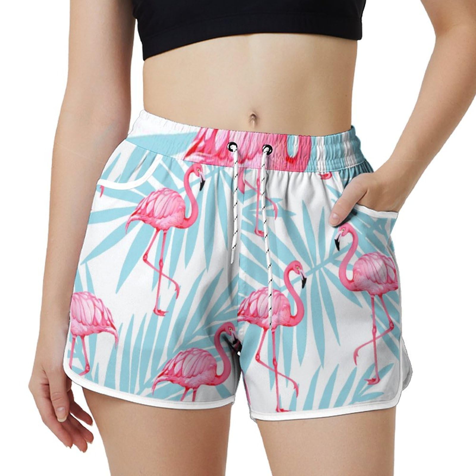 AYUNIX Women's Running Shorts with Pockets Quick Dry Performance Shorts for Women Flamingo Hawaiian Athletic Workout Shorts White