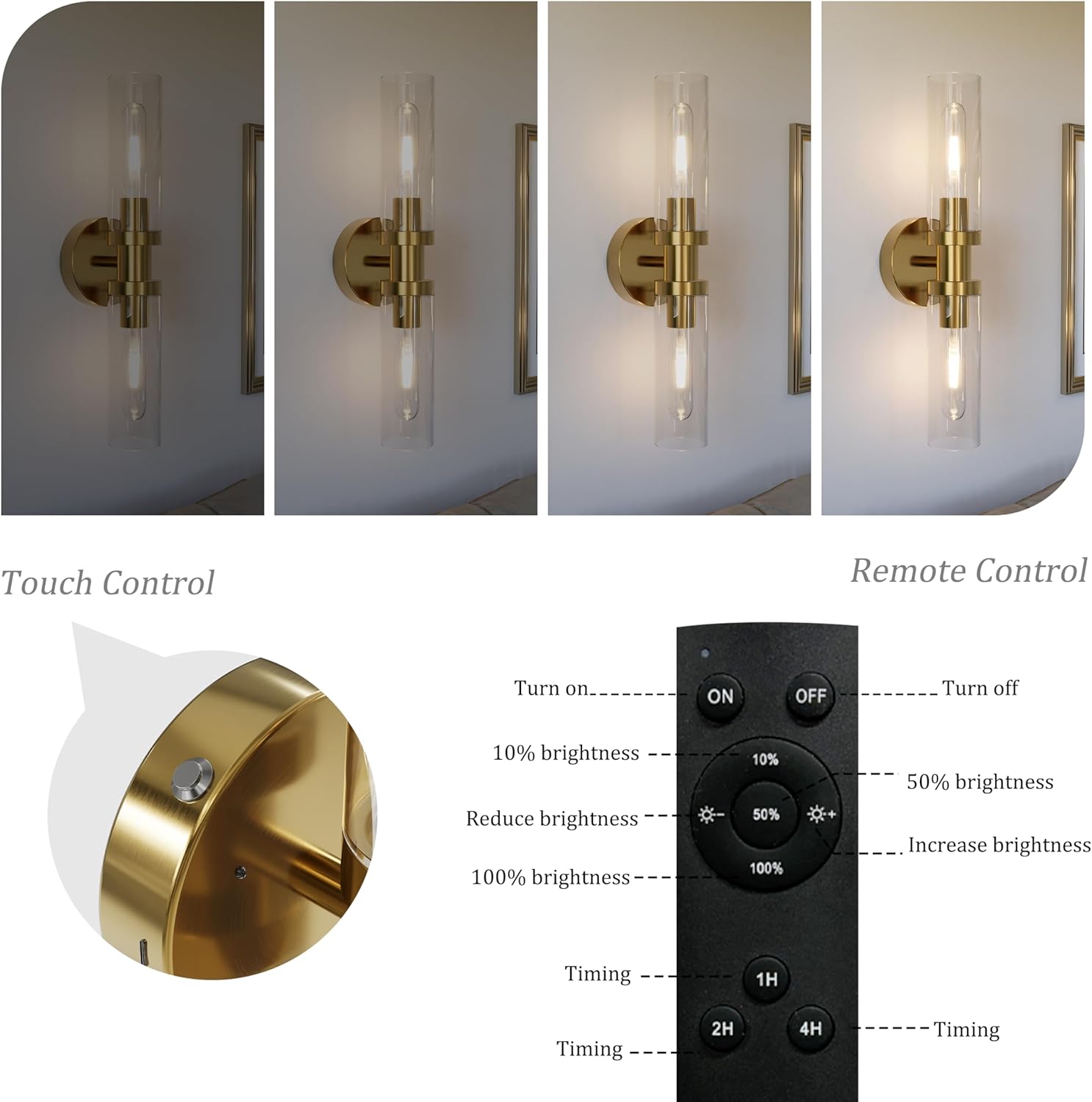 Rechargeable Battery Wall Sconce Set of Two, Wireless, Dimmable, Timer, Remote, Touch Control, 3000K, USB-C Charging for Living Room, Bedroom Gold (Include 4 Special Bulbs)