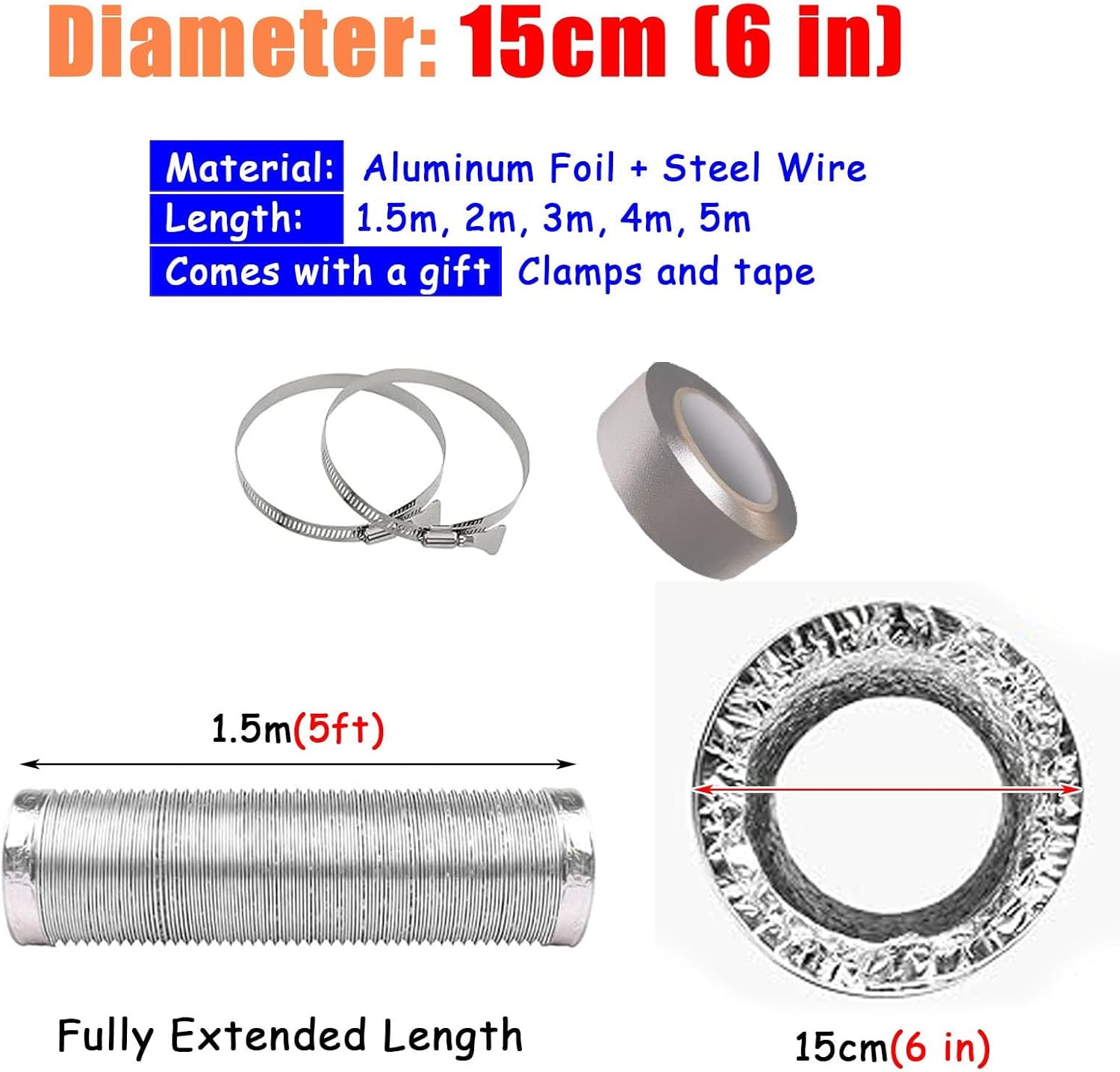 Exhaust Telescopic Hose,Extra Long Tumble Dryer Vent Hose Kit, 6in Aluminum Foil Ducting Pipe, Heat Resistant Exhaust Duct for Bathroom/Kitchen, Telescopic 150cm (5ft) - Efficient Ventilatio