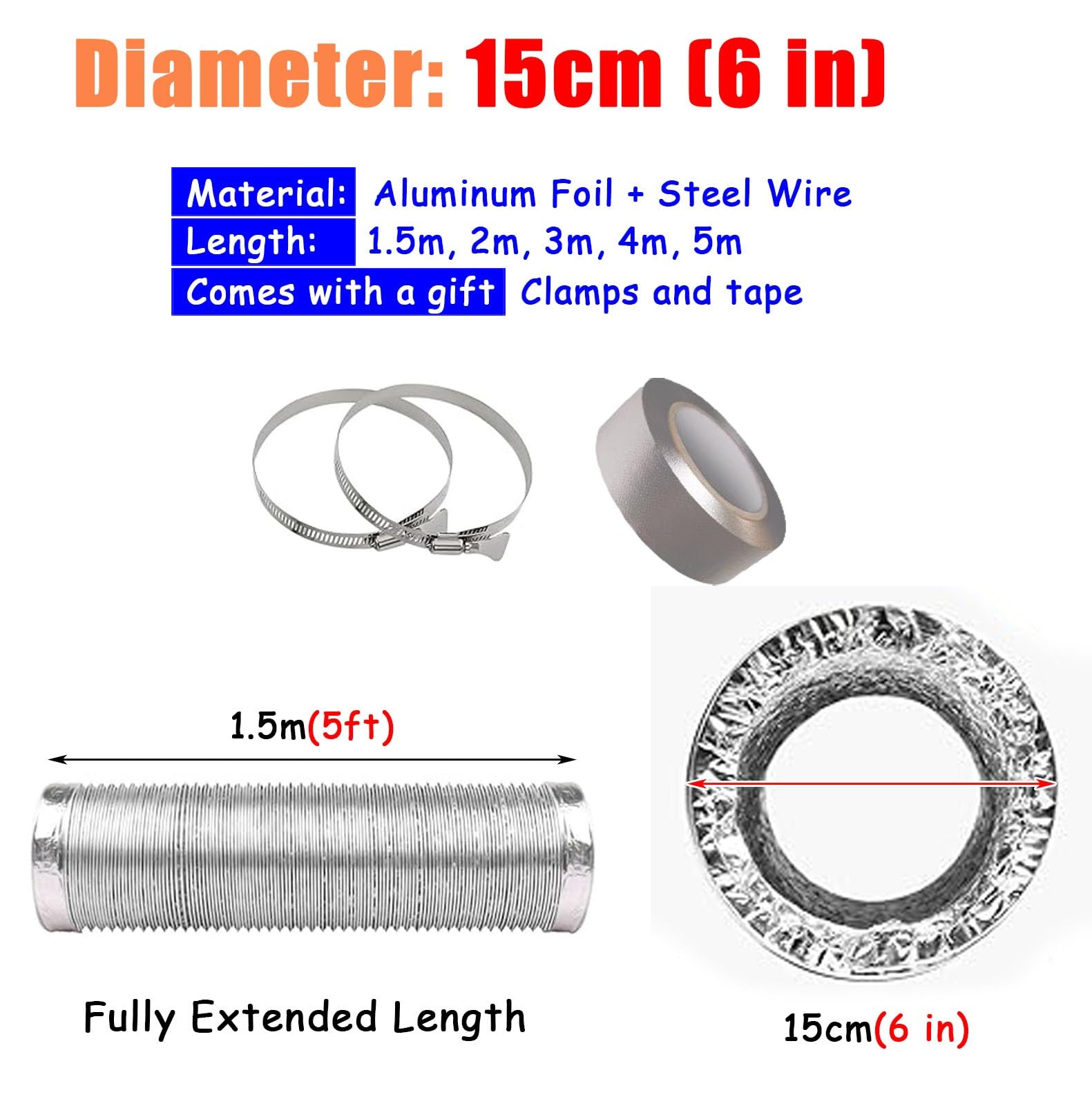 Tubo Flexible Kit de Ventilación para Conducto de Escape de Campana, Papel de Aluminio, Manguera Resistente Al Calor para Conducto de Baño de 4 y 6 Pulgadas, Manguera de Ventilación Extra Larga(150cm(