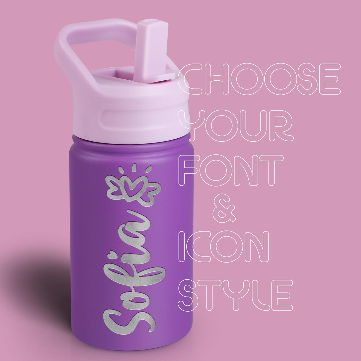 Personalized Kids Water Bottle with Name & Icon - Custom Kids Water Bottle, 12 oz with Leakproof Straw Lid - Back to School, Christmas & Birthday Gift for Boys & Girls, Purple
