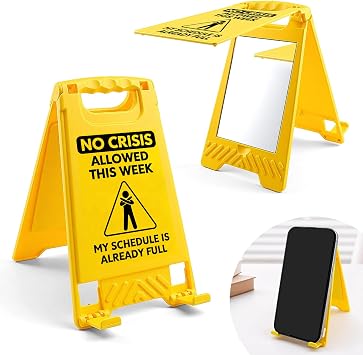 Funny Office Desk Decor - "No Crisis Allowed" Sarcastic Sign with Built-in Phone Holder & Makeup Mirror - Humorous Cubicle Accessories, Gag Gift for Coworker, Boss, Employee Appreciation