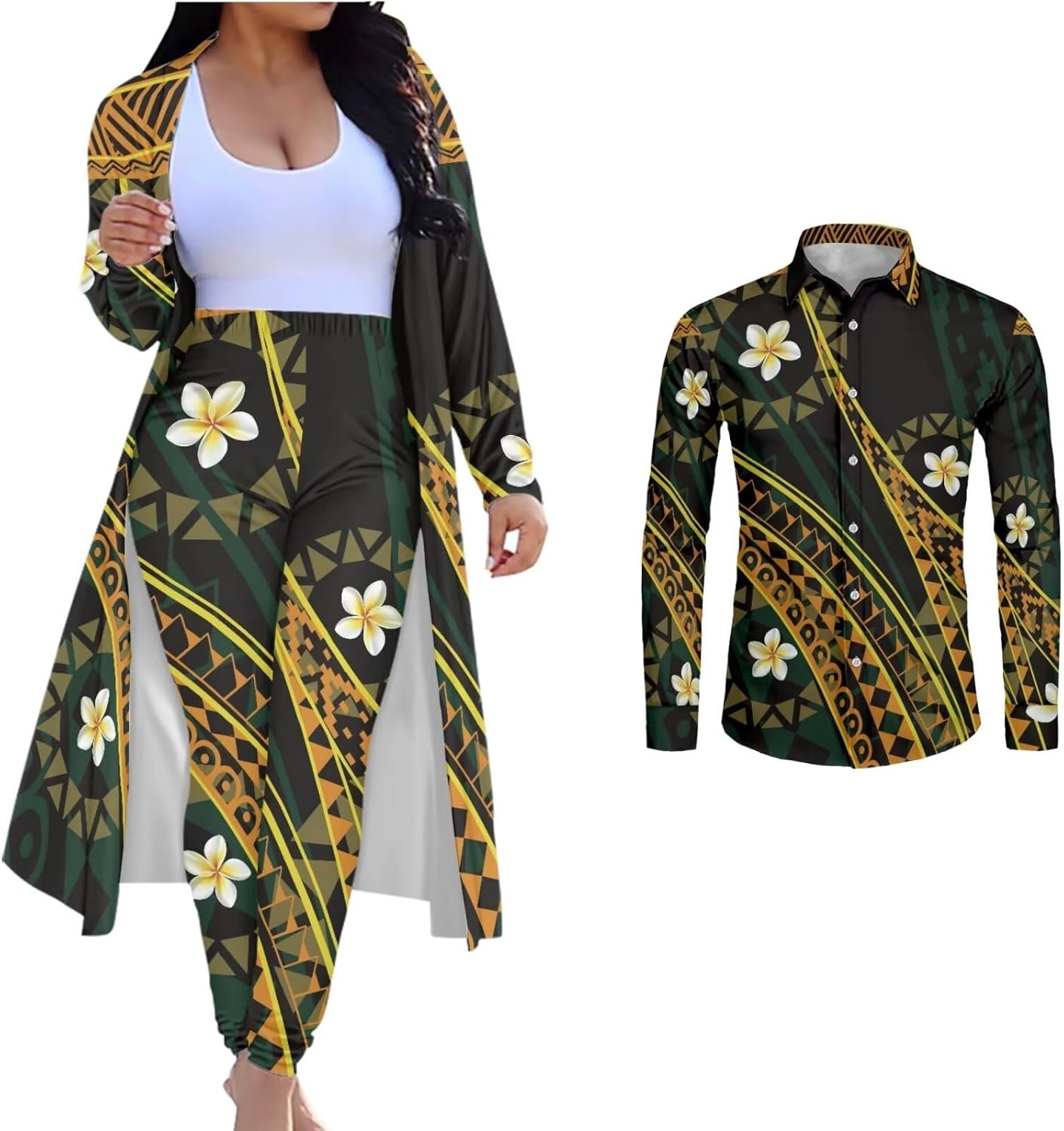 Couple Matching Clothing 2 Piece Pant Set Women Samoa Polynesian Tribal Tattoo Outfits Long Sleeves Open Front